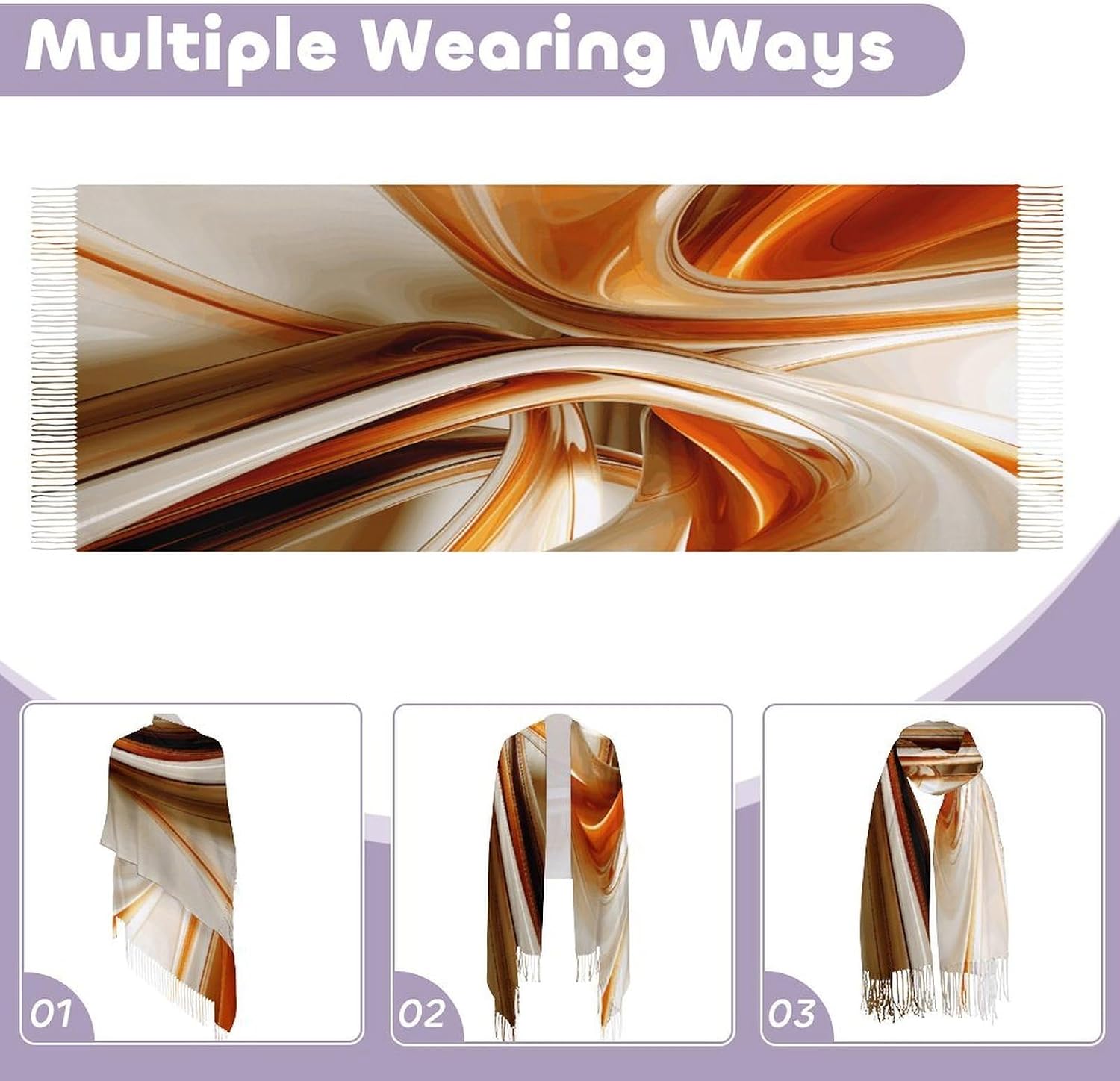 Orange White Lines Winter Scarf for Women Soft Tassel Scarves Oversized Wraps Long Shawl Cold Weather Thick Blanket Scarfs