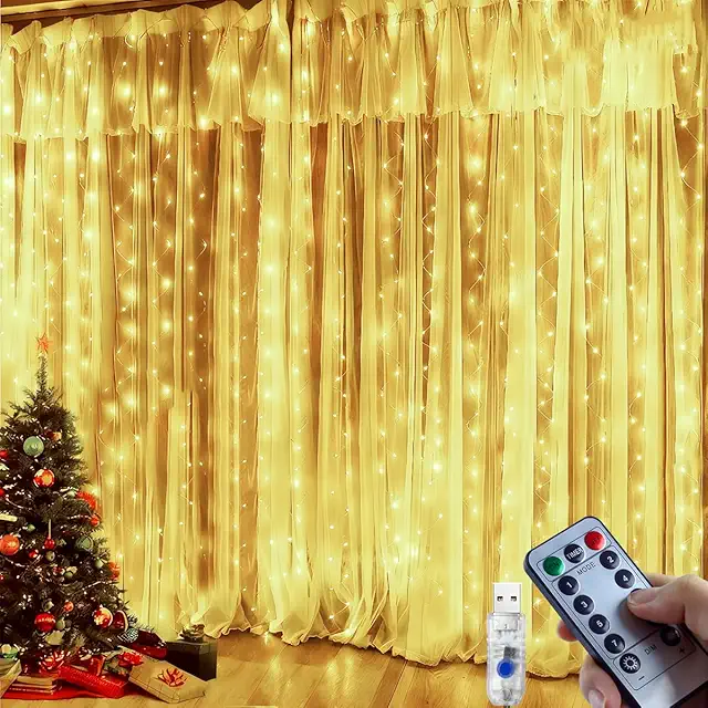 Cortina de Luces Navideñas 3x2.7m 300 LED Impermeable con Mando y Temporizador