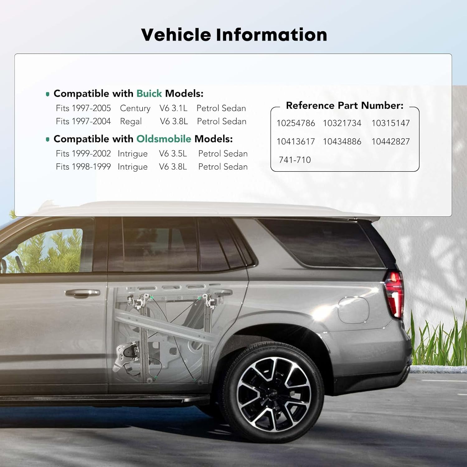 YHTAUTO Rear Driver Side Power Window Regulator with 2-Pin Motor Assembly Compatible with Buick Century 1997-2005, Regal 1997-2004 & Oldsmobile Intrigue 1998-2002, Sedan, 2-Pin Plug