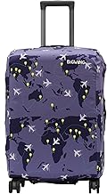 BIGWING Protective Cover in Polyester Fabric with Map Print for | 24 inch 65 cm Medium Size | Hard Luggage Trolley Bag Cover (Fits Only On Fiber - Plastic Trolley Bag) Purple Color