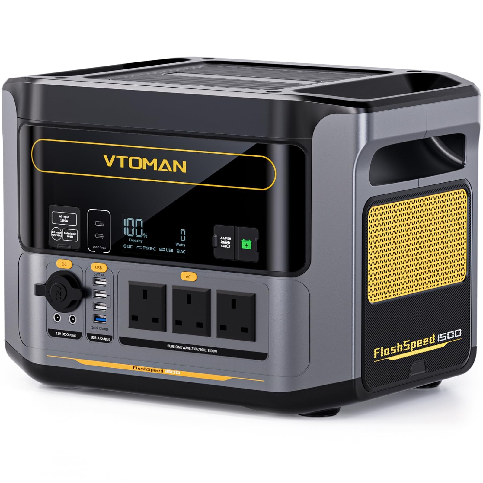 VTOMAN FlashSpeed 1500 Portable Power Station 1548Wh, Recharge 0-100% within 1H, LiFePO4 (LFP) Battery Powered Solar Generator with 230V/1500W AC Output/Input, 100W USB Port for Camping, RV, Home