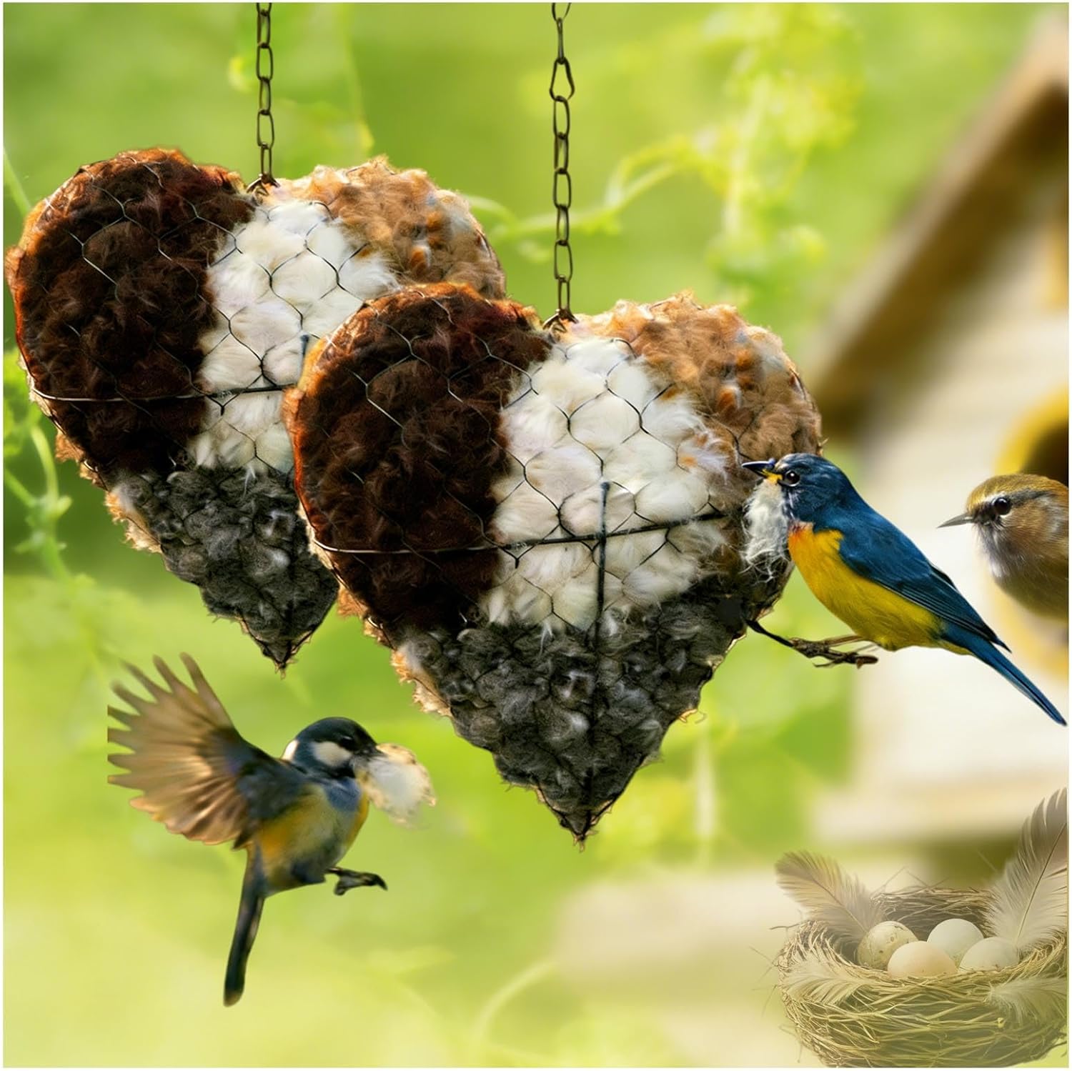 Handmade Fiber Bird Nesting Heart, Birds Nests Material Holder, Hummingbird Nest Boxes for Outside. Decorative Dual-Purpose Bird House: A Nesting Aid and Garden View Cottage (2Set)