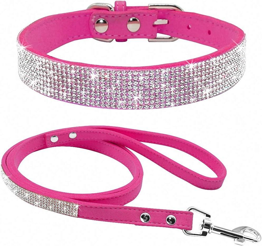 Adjustable Suede Leather Puppy Dog Collar Leash Set Soft Rhinestone Small Medium Dogs Cats Collars Walking Leashes Pink XS S M Rose M