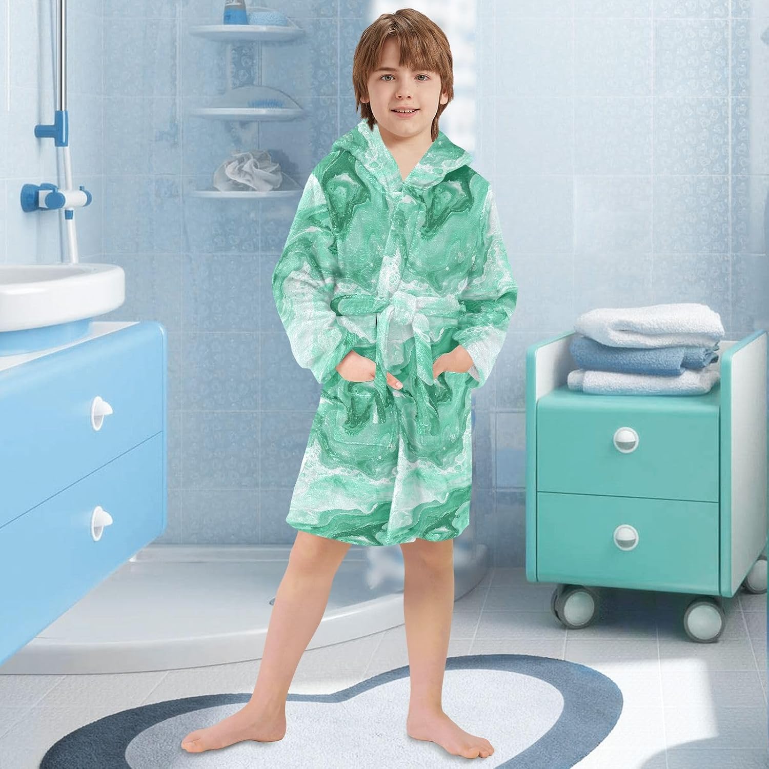 Green Stripes Pattern Toddler Hooded Bathrobe for Boys Girls Soft Plush Bath Towel Robe 2-12 Years