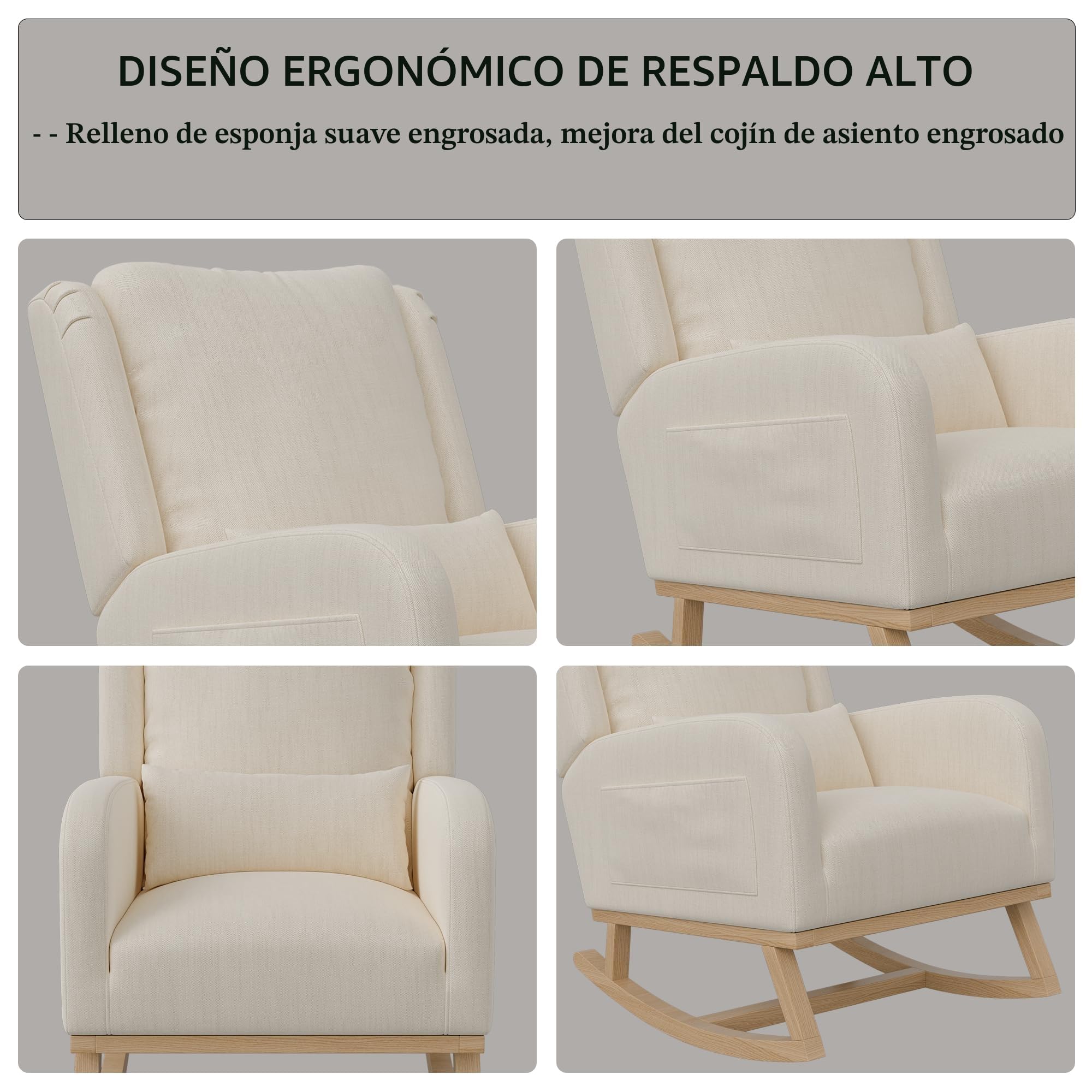 Silla Mecedora Escandinava, Silla de Lactancia, Silla Escandinava de Ocio y Descanso en Tela con Patas de Madera Metálica para Salón, Dormitorio, Beige