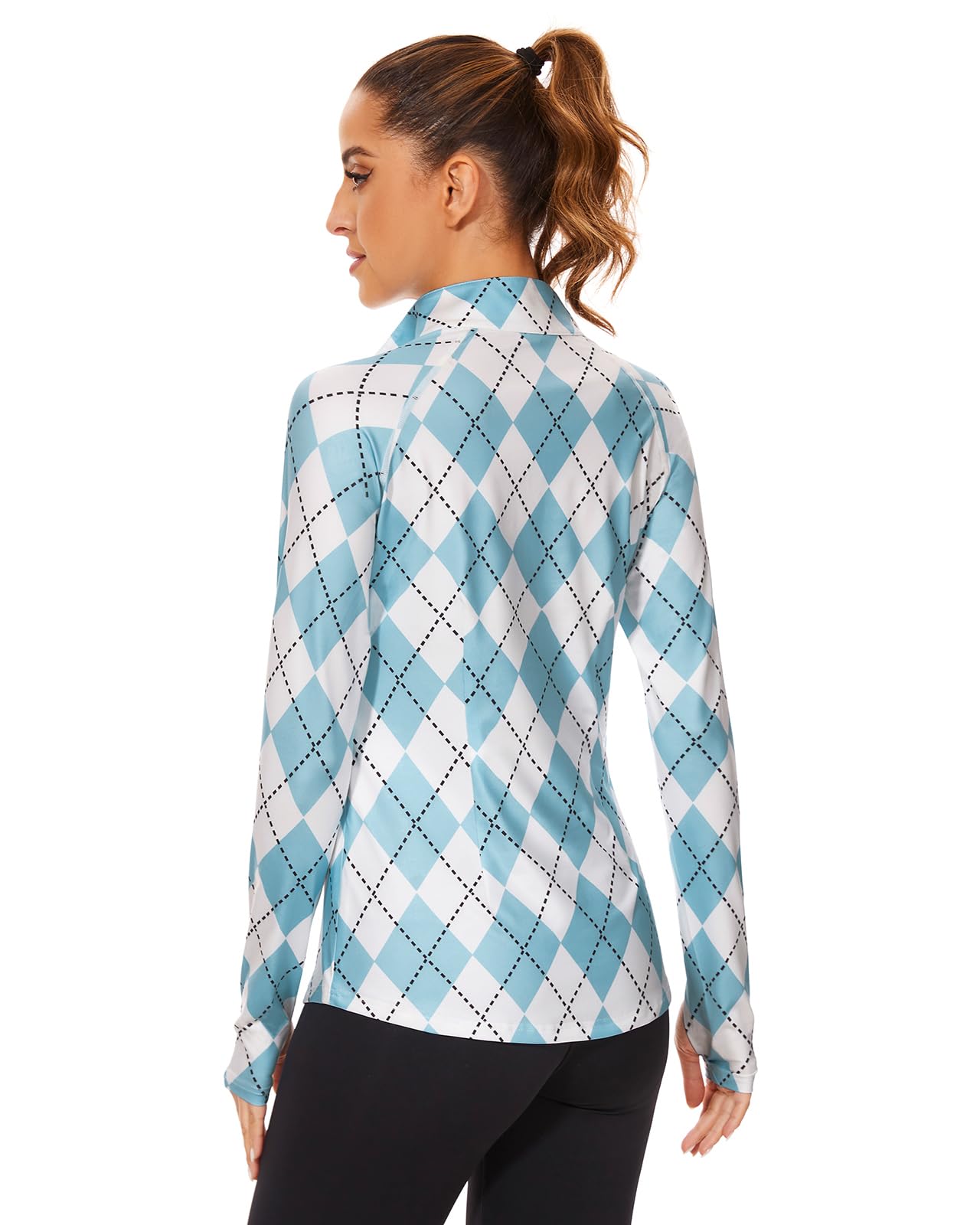 Soneven Long Sleeve Golf Polo Shirts for Women Tennis Shirt Zipper Stand Up Collar Tops with Thumb Holes Pocket(2129-Blue Plaid, X-Large)