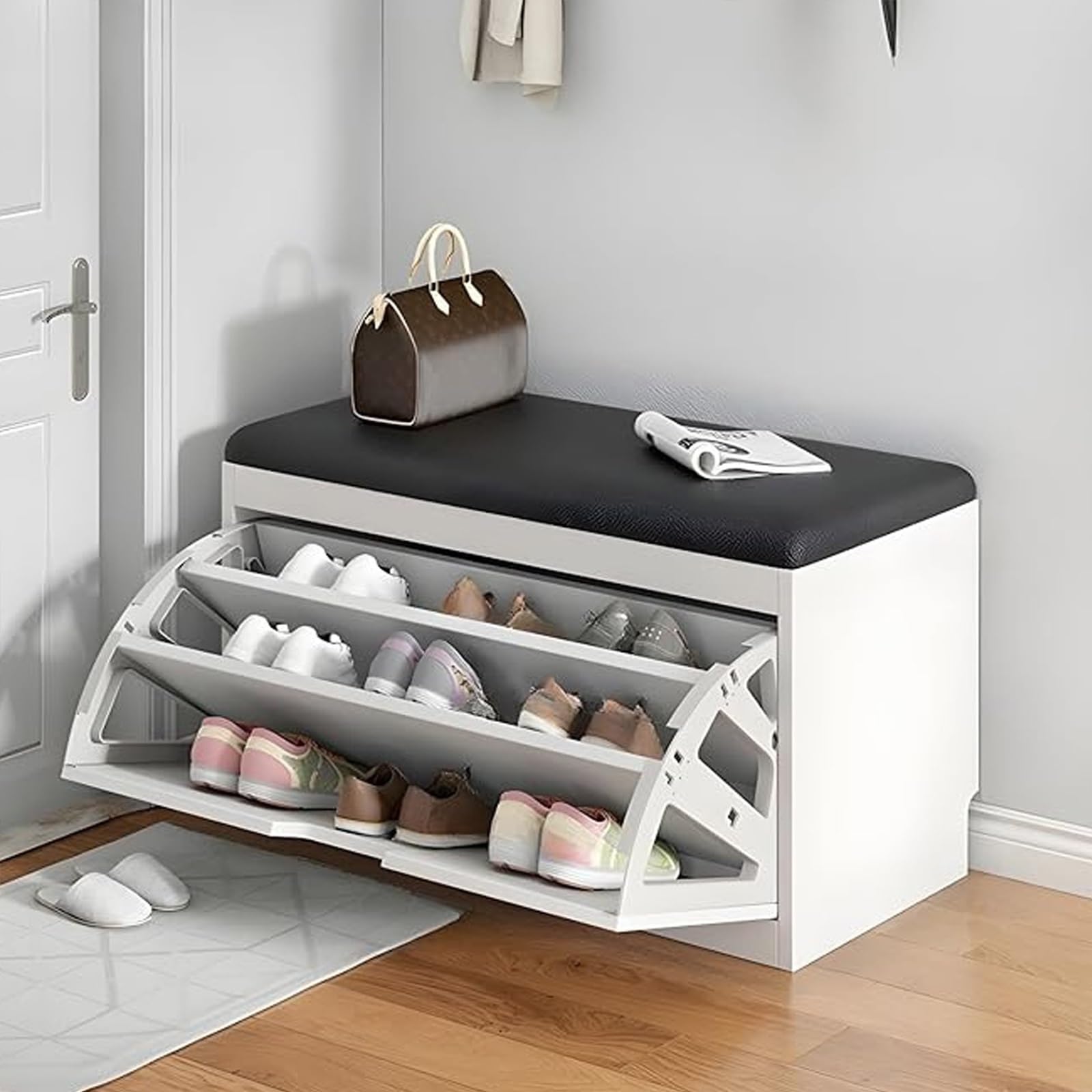 Zapatero Recibidor Blanco Entrada con Cajones 50 60 80cmAbatibles Asiento Acolchado Organizador Zapatos para Pasillo Salón Dormitorio Varias Tallas(Black,60x30cm)