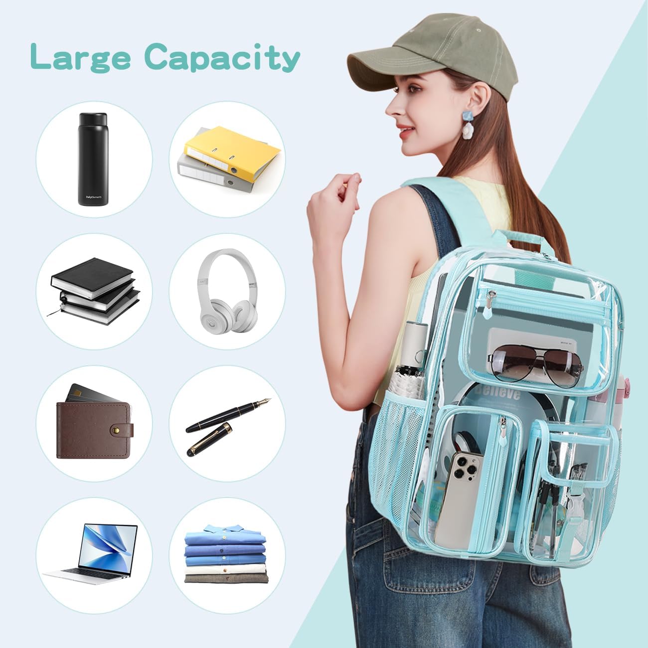 Cusangel Clear Light Blue Clear Bookbag For Girls woman, Heavy Duty stadium events BookBag,16inch TPU Large Capacity See Through Bag for Sport Events,Travel,Stadiums,Work