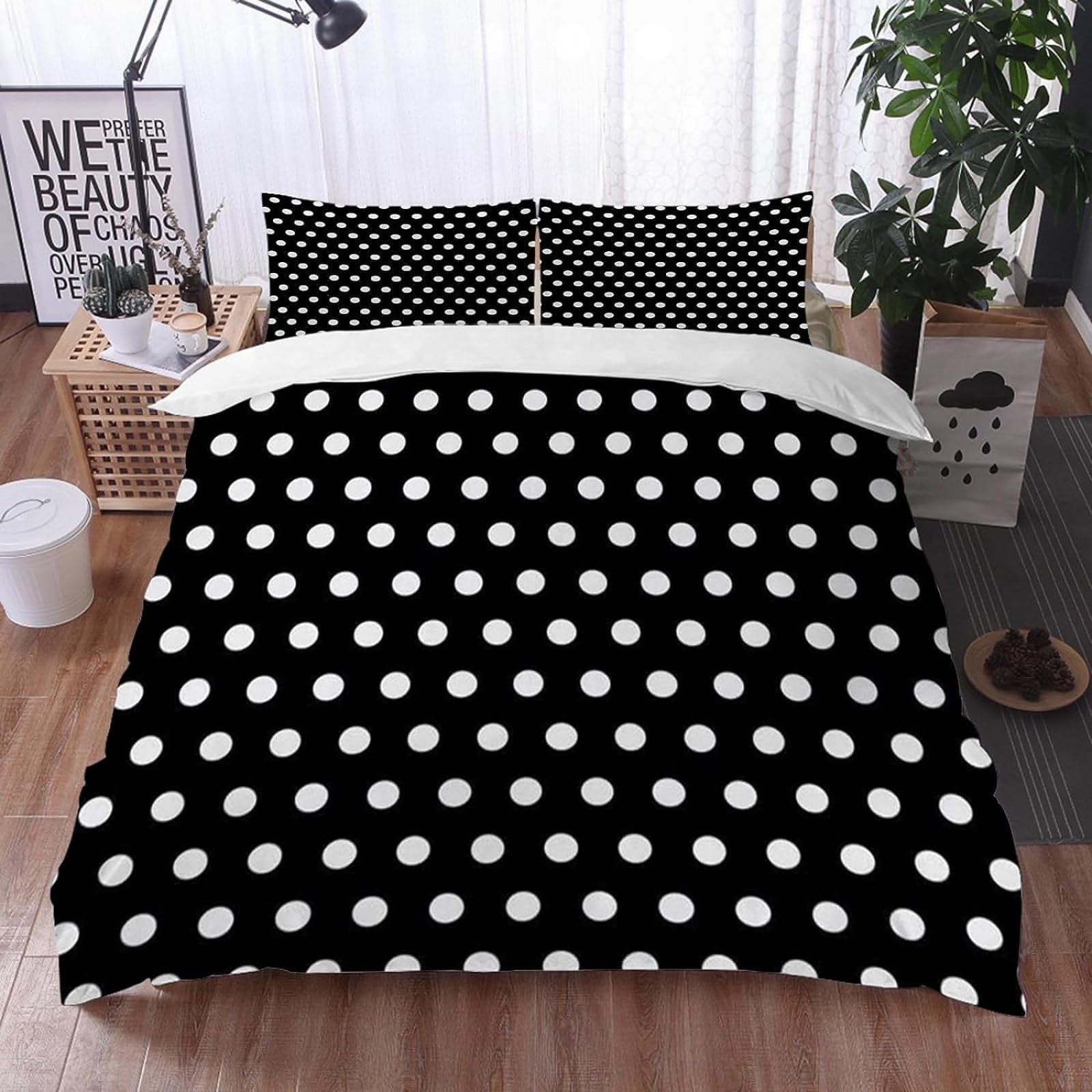 Housse de Couette 200x200 Pois Noirs en Tissu Doux de Qualité Supérieure
