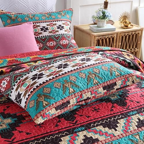 Miniatura 4 de ENASAL Juego de colcha reversible, juego de colcha a rayas, rojo y marrón, colcha bohemia, tamaño King