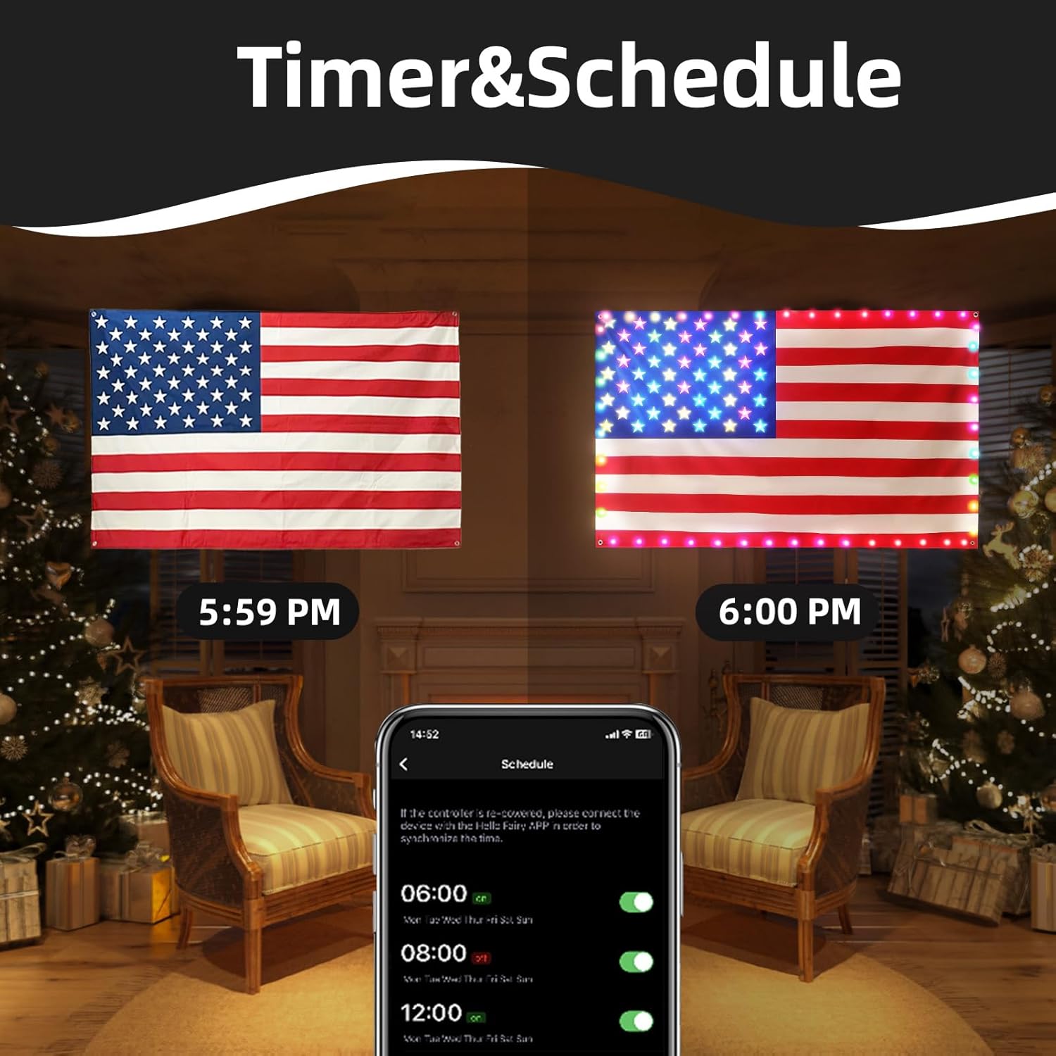 American Flag with Lights, 3 * 5 Ft Smart 98 LEDs String Lights for Independence Day Memorial Day Indoor Decor Music Sync