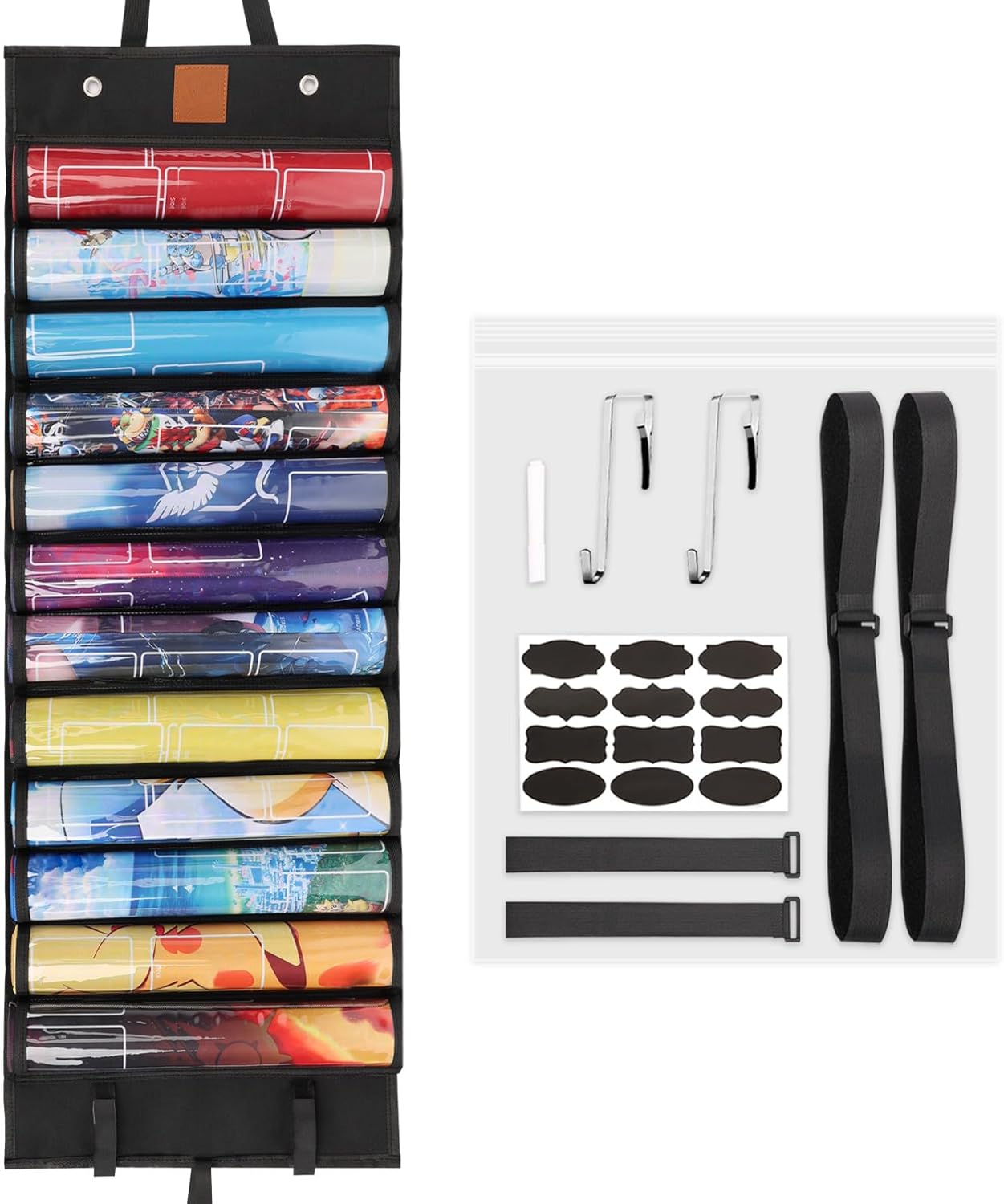Hangable Playmat Tube Storage Bag – 12+1 Play Mat Holders for MTG, TCG, RPG Card Game Playmats, with 2 Heavy-Duty Hooks & Transparent Plastic Slots for Doorway Organization Game Mat (Black)