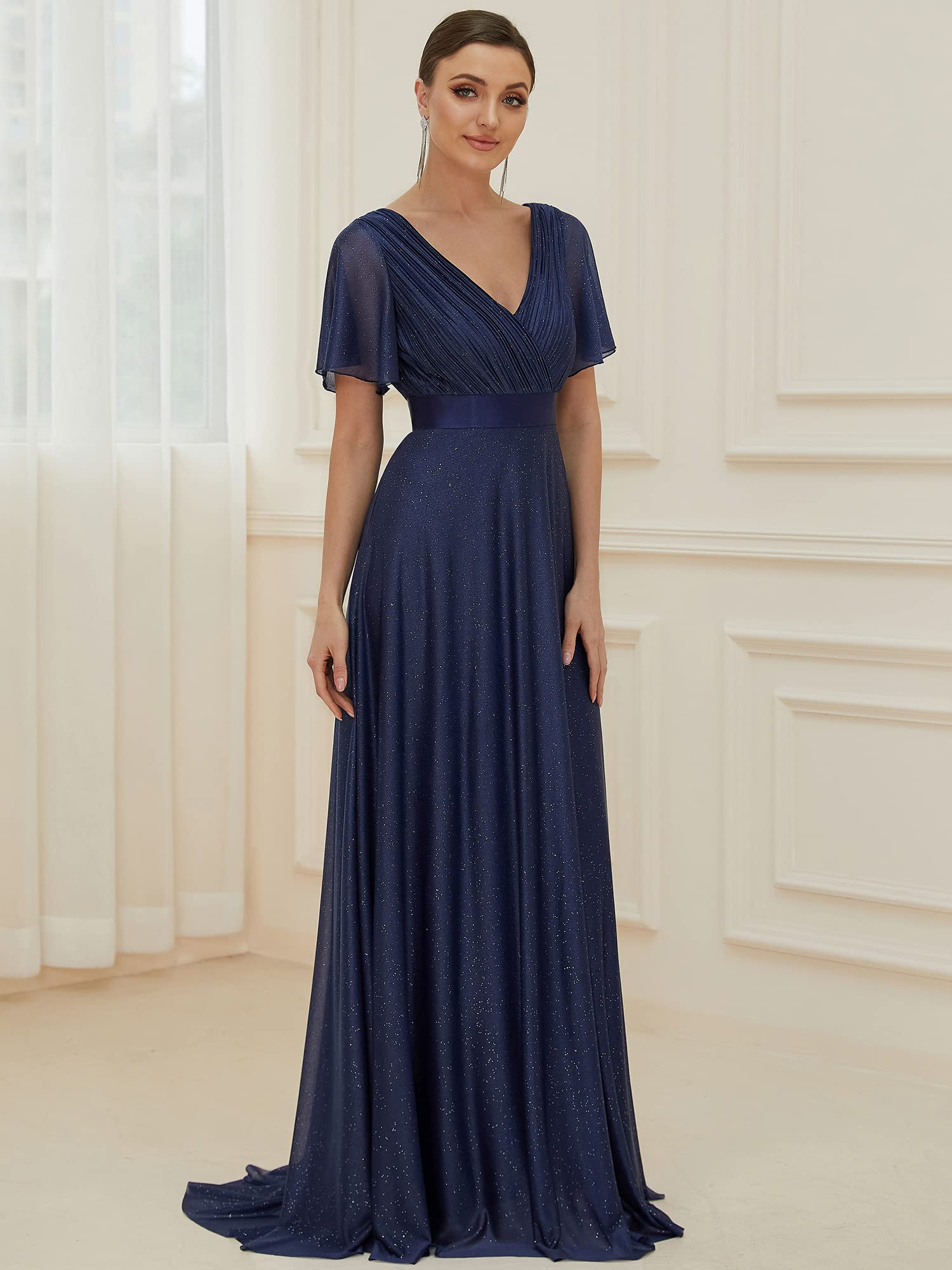 Ever-Pretty Robe Longue de Soiree Tulle Plissé Femme Manches Courtes Col V A Line Taille Empire Brillante Élégante EE50159