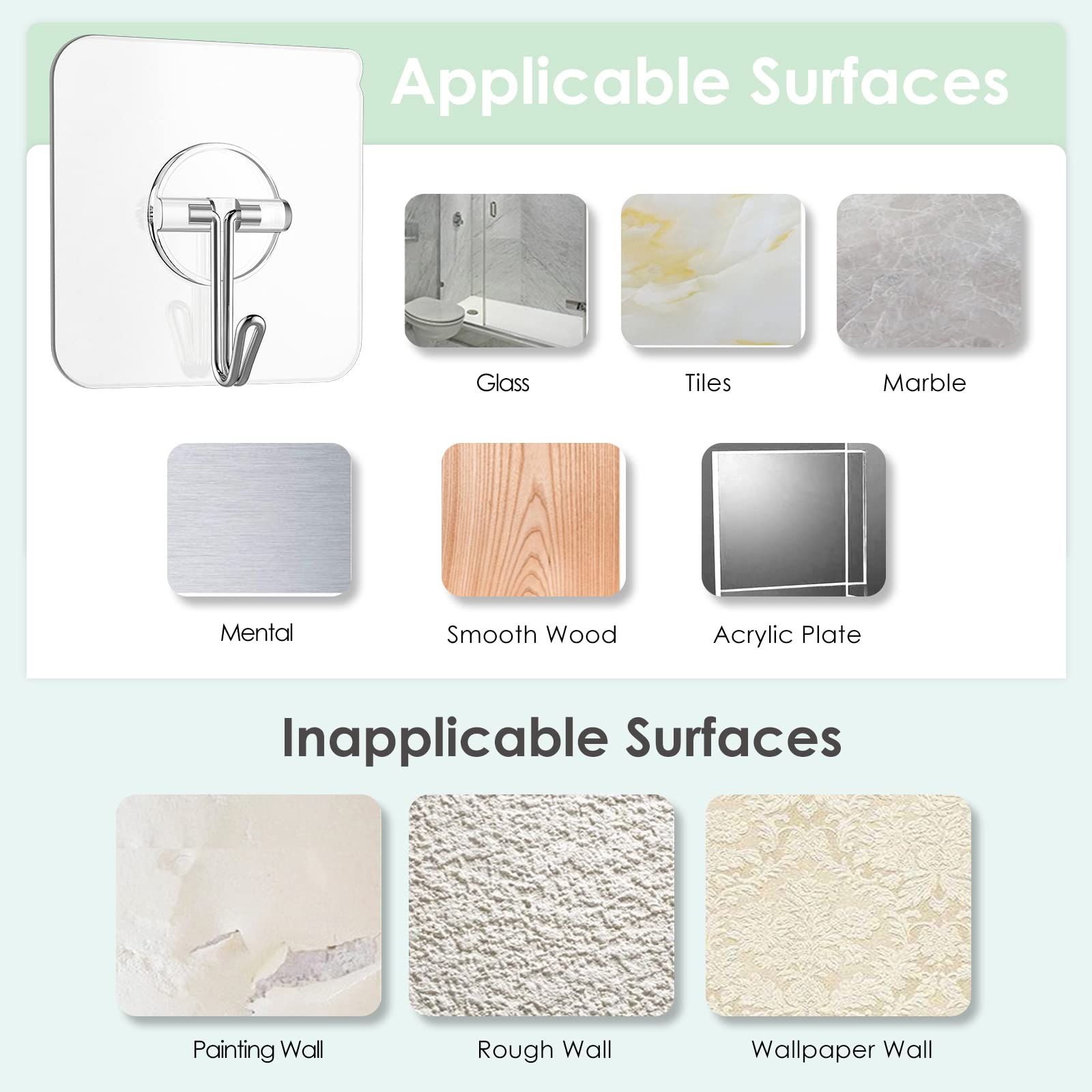 Ganchos adhesivos de pared para colgar, ganchos de techo transparentes extraíbles de 13 libras, ganchos autoadhesivos de acero inoxidable, ganchos adhesivos impermeables para ventana, cocina,