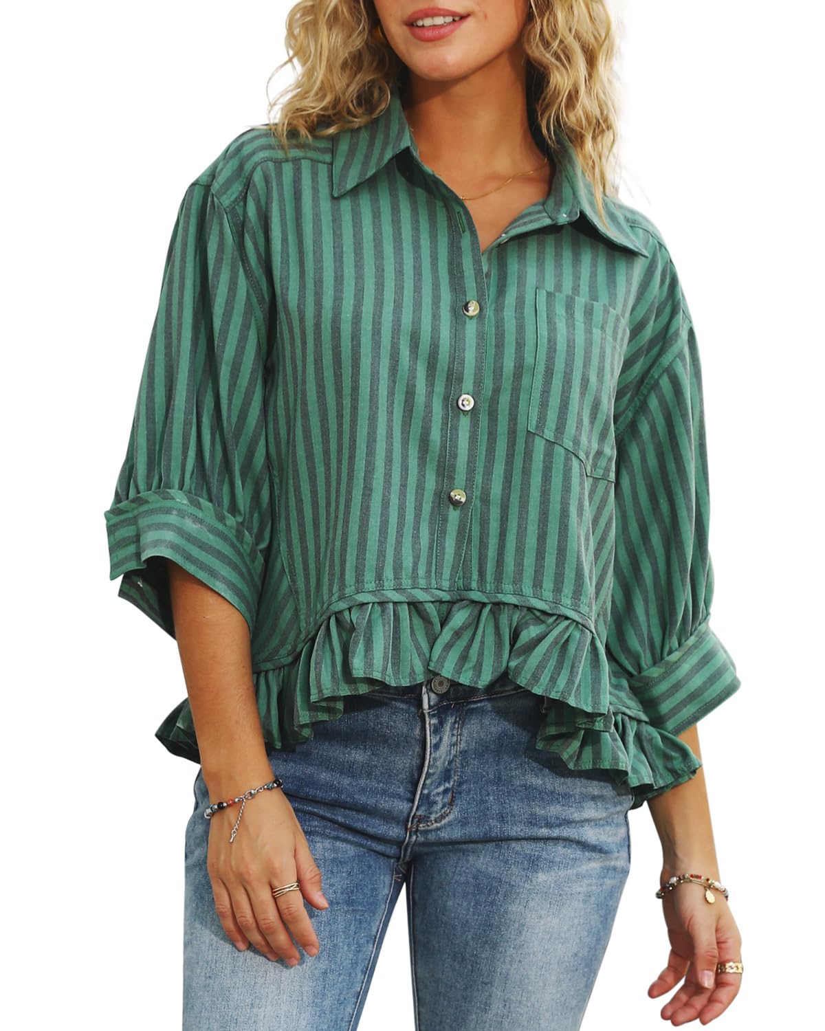 CHYRII Womens Summer Tops Dressy Casual Blouse Top Ruffled Short Sleeve Button Down Striped Shirt