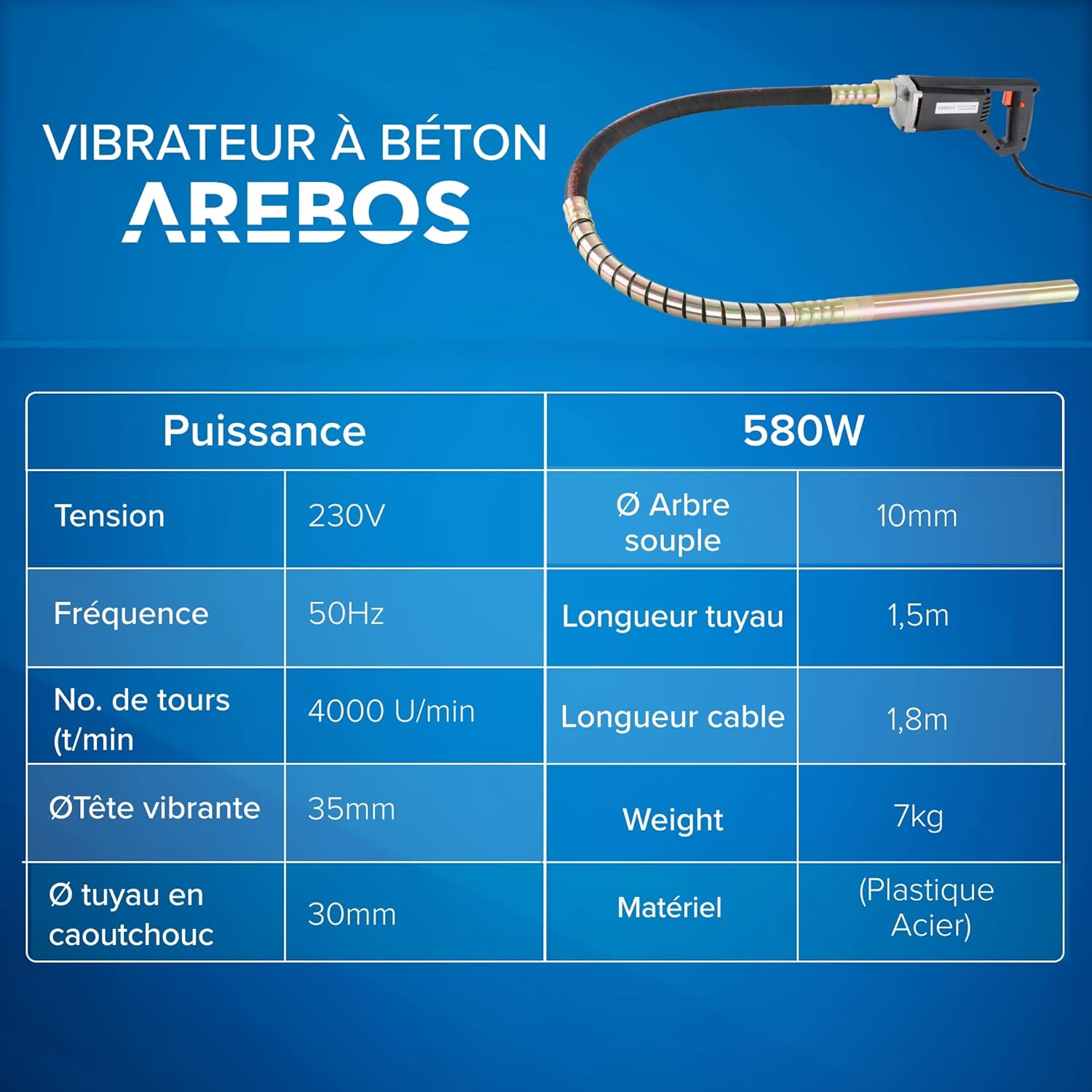 Arebos Concrete Vibrator specifications table