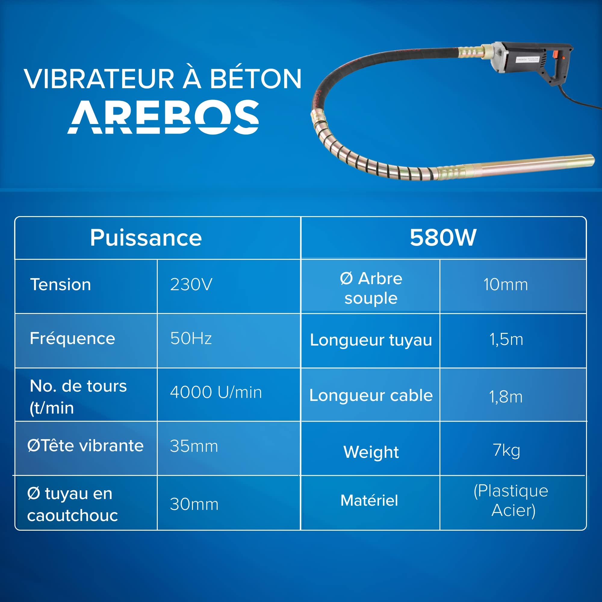 Arebos Vibrateur à Béton Interne Cylindrique Vibrante Pour Beton | 580W | 1,5m | Poignée Pistolet | Portable
