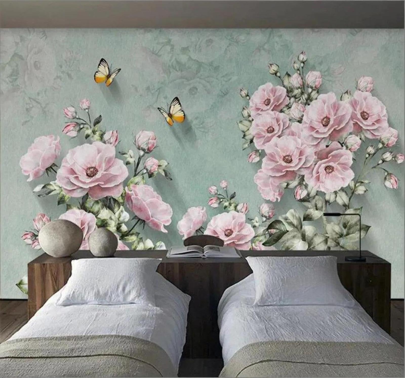Tzxztt Nostalgic Retro Three Dimensional Roses Butterflies Modern 3D Wallpaper Premium Textured Silk Neutral Tones Material Ideal for Living Room Bedroom-400cm×280cm