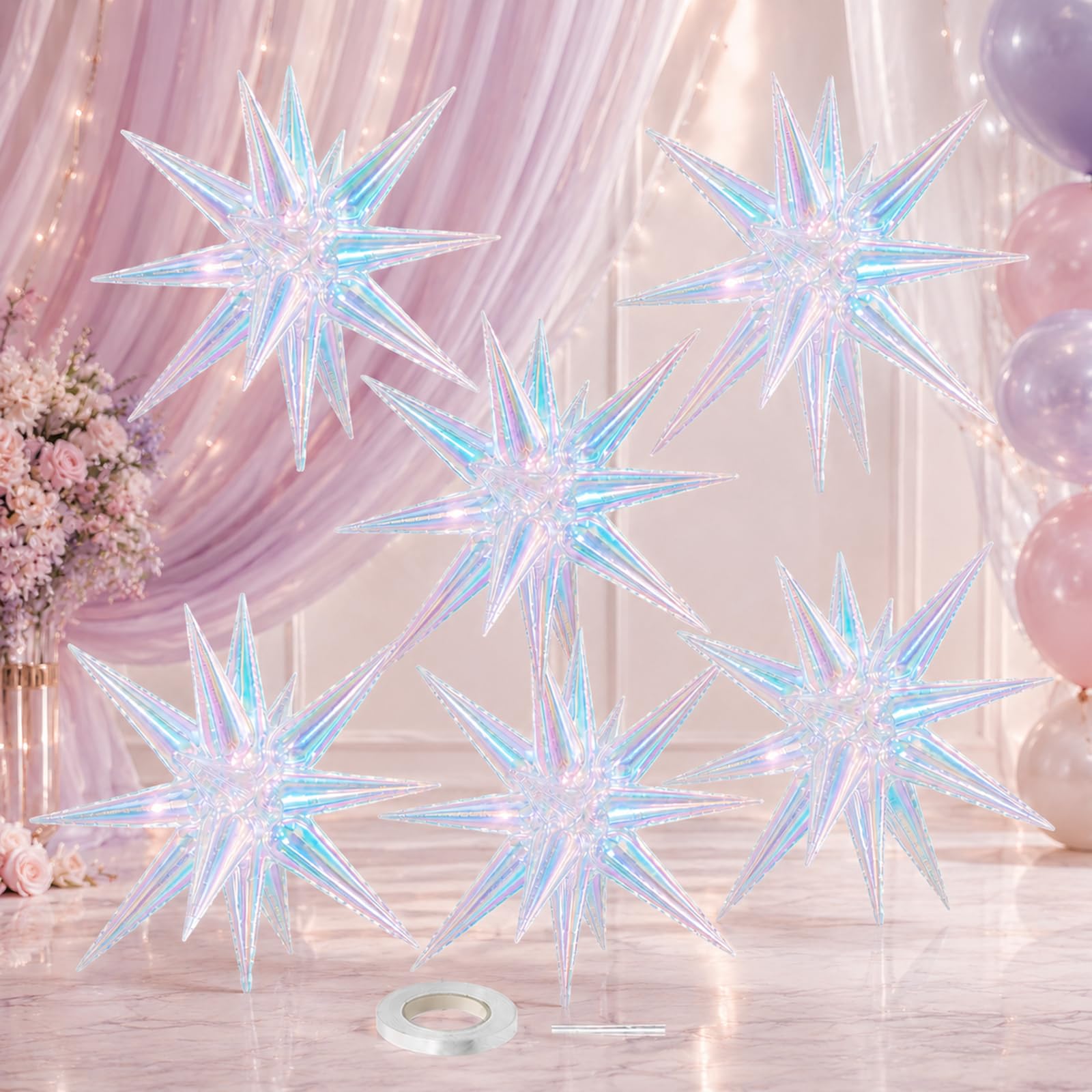 Iridescent Star Balloons, 6 Pcs 22 Inch Holographic 3D Explosion Star Foil Balloons for Birthday Baby Shower Wedding Mermaid Engagement Anniversary