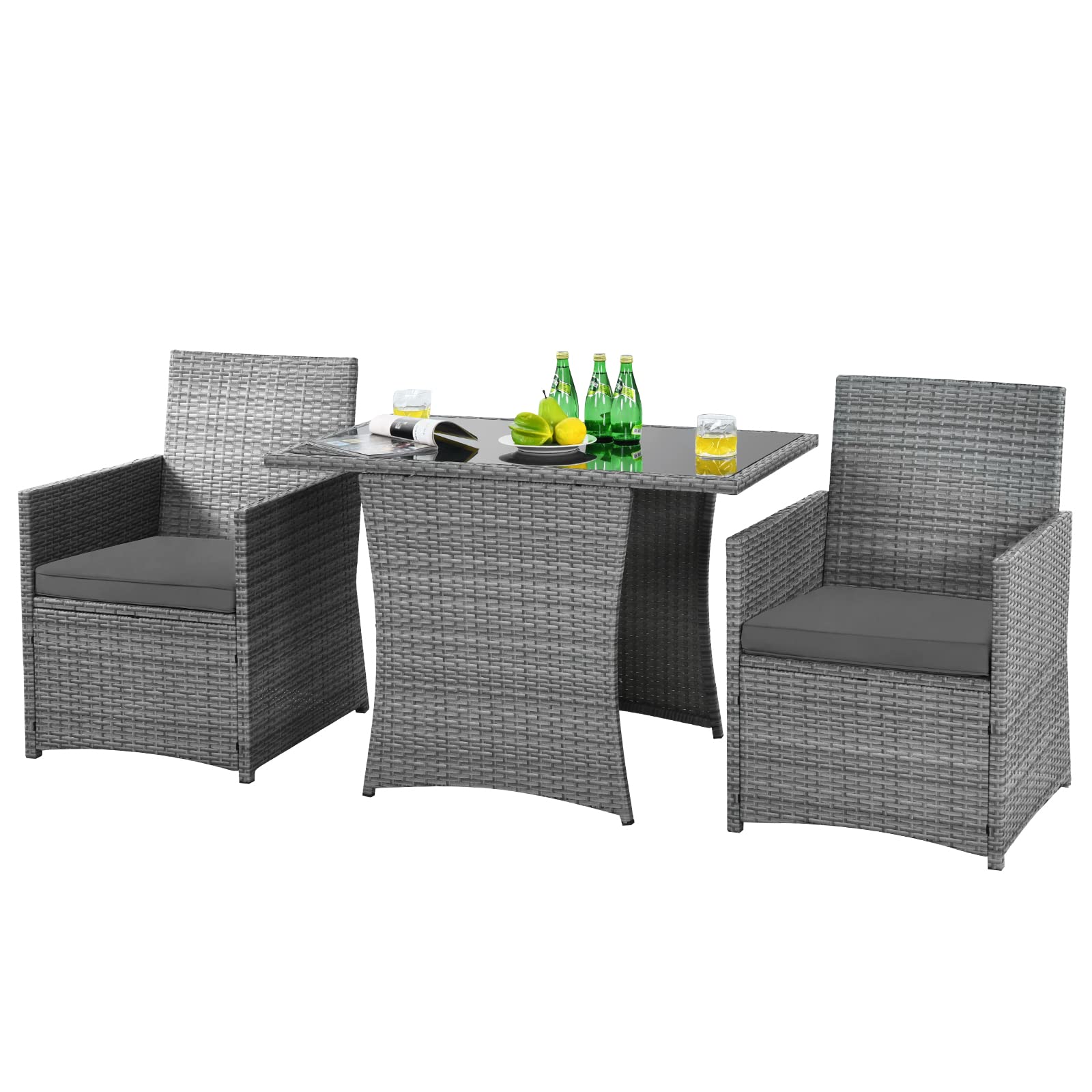 HAPPYGRILL 3 Piece Patio Furniture Set, Outdoor PE Rattan Wicker Bistro Set with Washable Cushions & Tempered Glass Table, for Backyard Porch Garden