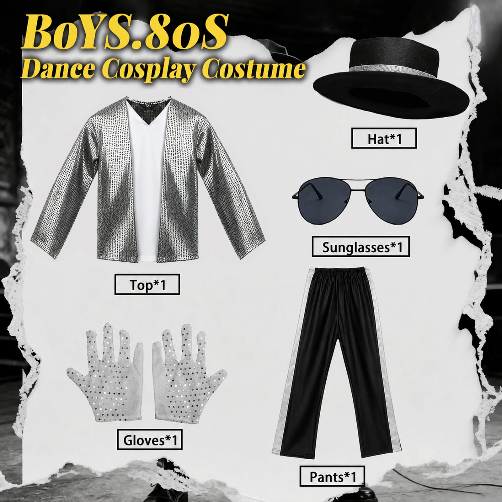 SINSEN Pop Star Costume for Kids 80s 90s Disco Outfit Sequin Jacket Pants Hat T-Shirt Gloves Sunglasses Necklace Fancy Dress Costume for Halloween Cosplay Party World Book Day 3-12 Years - Image 3