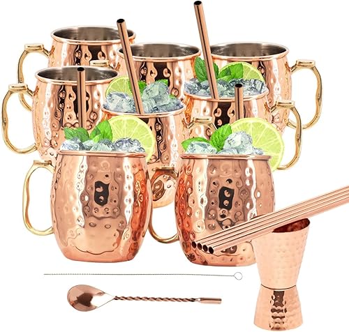 Miniatura 8 de Juego de 6 tazas de Moscow Mule de cobre con forro de acero inoxidable (18 onzas) con pajitas, jigger, cuchara y cepillo, interior de acero