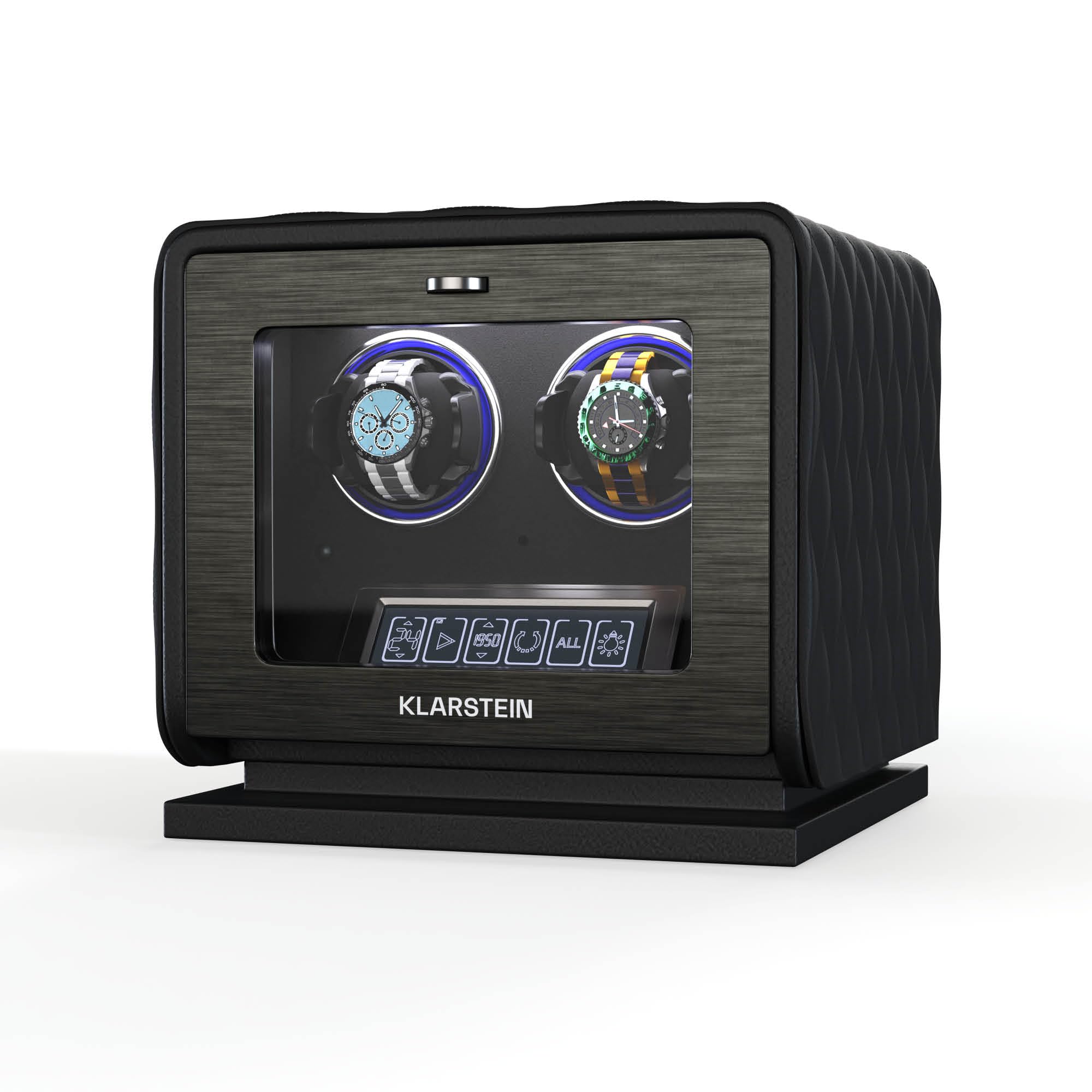 Klarstein LuminousTime Rotomat 2 zegarki – Automatyczny rotomat z cichym japońskim silnikiem, Panel dotykowy LCD i pilot, 20 ustawień TPD, Oświetlenie RGB i LED