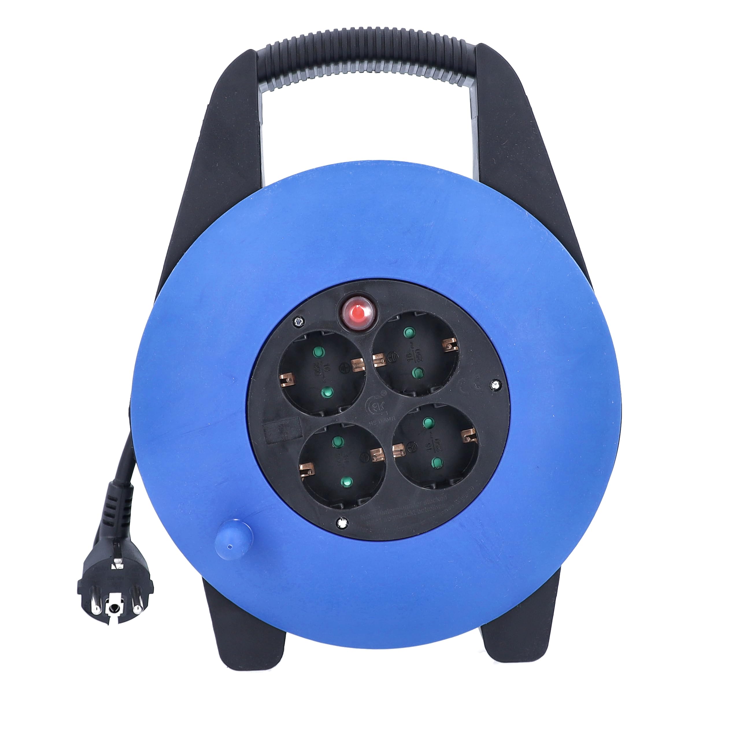 as - Schwabe avvolgicavo 15 m, IP20 interno, 4 prese con terra, interruttore termico di protezione, nero/blu