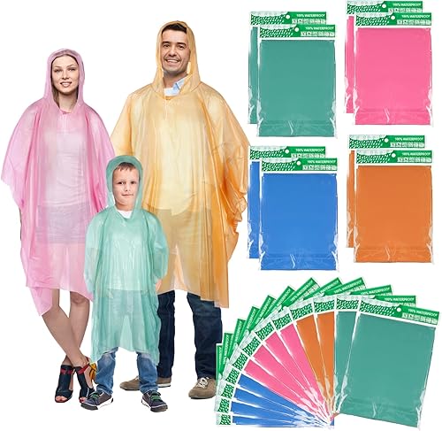 Paquete de 20 ponchos de lluvia desechables para la familia, ponchos de lluvia gruesos para adultos y niños, impermeable de emergencia con capucha
