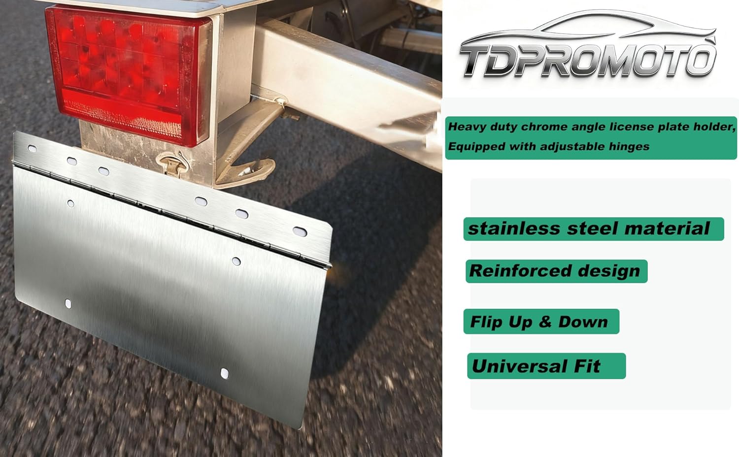 TDPRMOTO 10511 Heavy-Duty Chrome Angled License Plate Holder with Adjustable Hinge, Steel Construction for Truck/Trailer/Semi Truck/Classic Car – (304 Stainless Steel) (Stainless Steel Finish, 1pack) - Image 3