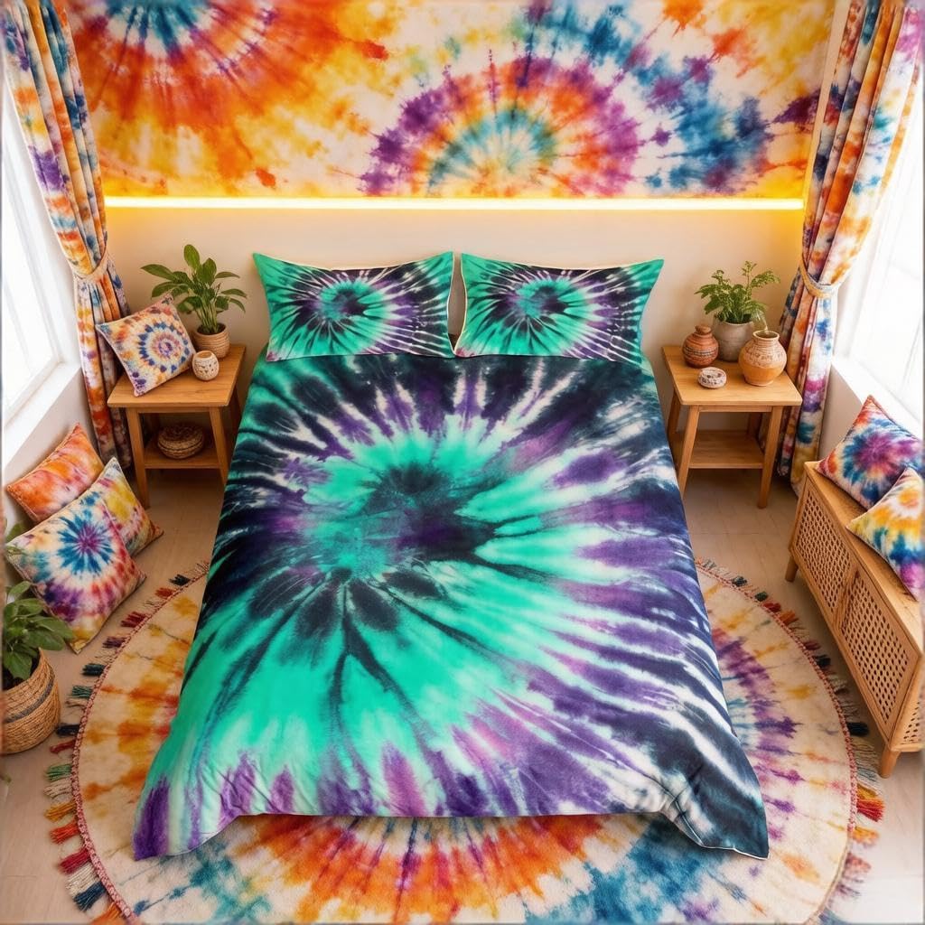 Boho Gypsy Bedding Set Bohemian Psychedelic Comforter Cover for Kids Boys Girls Women Hippie Tie Dye Ultra Soft Duvet Cover Teal Blue ad Purple Bedspread Cover Decor 2Pcs Quilt Cover Single Size