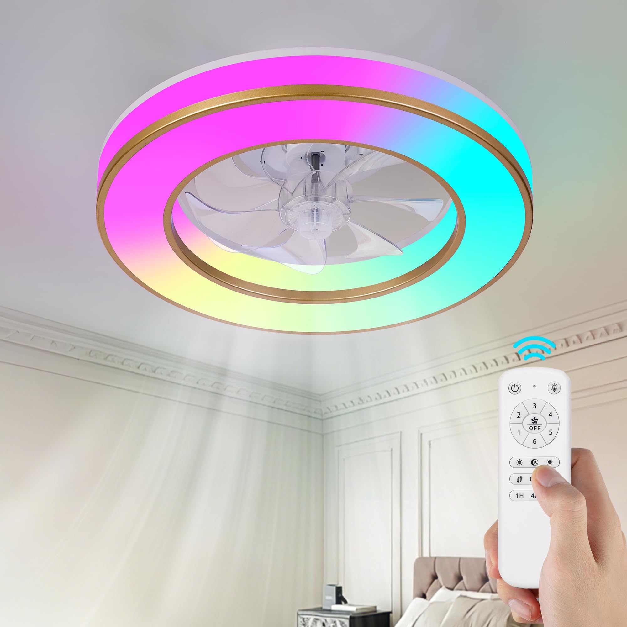 DOMANKI Deckenventilator mit Beleuchtung 42 cm RGB-Ambientelicht, Leiser DC-Motor, 6 Stufen Dimmbar, Sommer-/Wintermodus, Fernbedienung, Gold