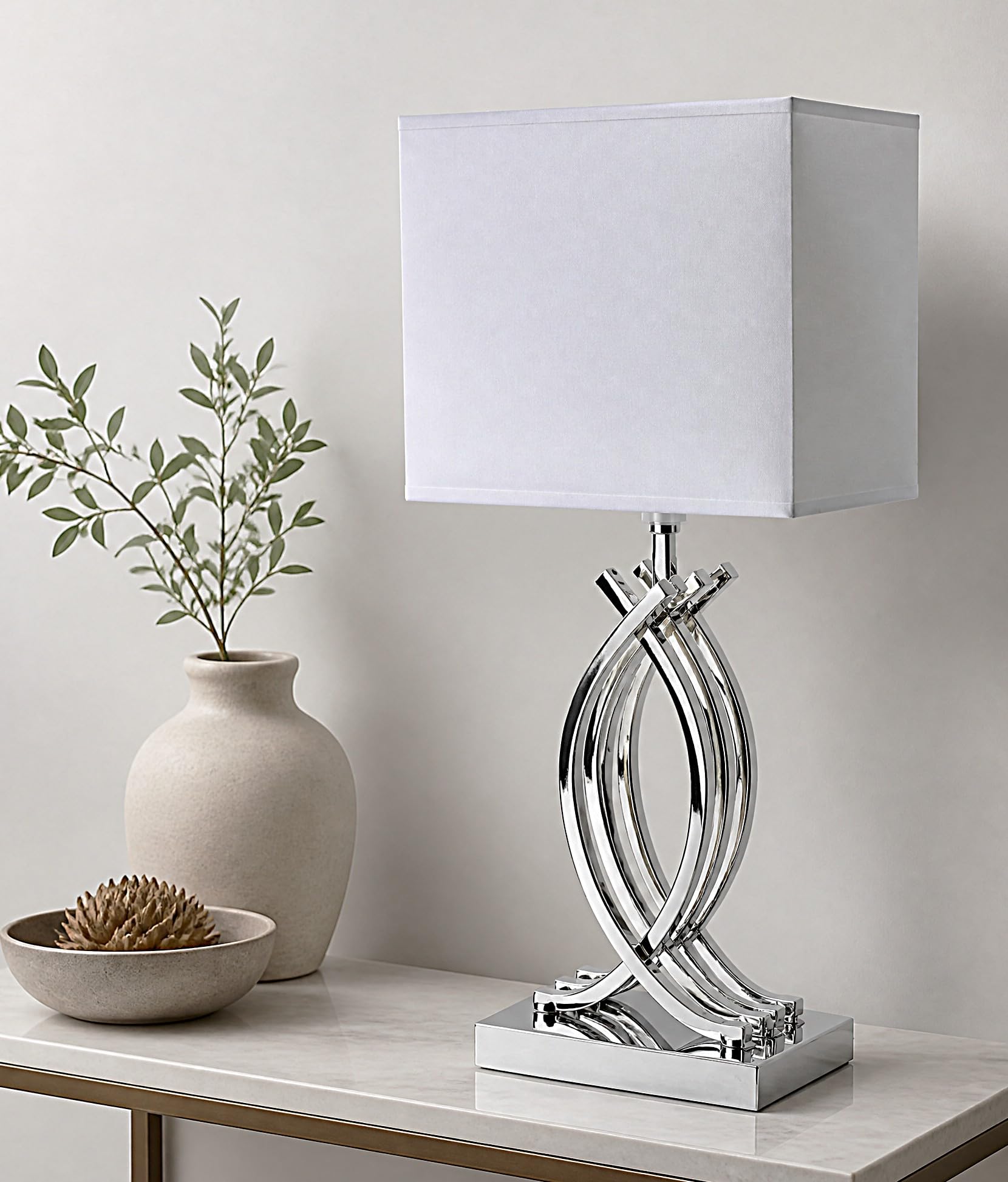 Arnusa Design Tischlampe Chrom Silber Nachttischlampe 50 x 22 cm mit weißen eckigen Schirm Tischleuchte silberfarben E27