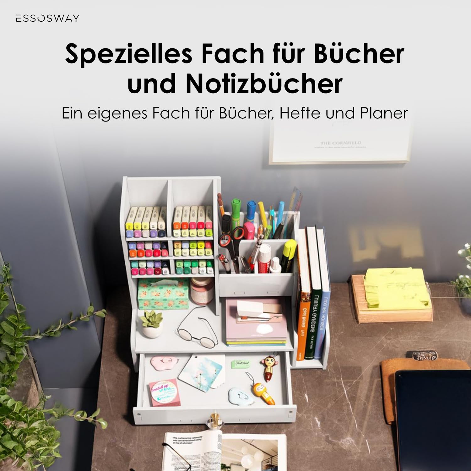 Schreibtisch Organizer - mit Stiftehalter - 14 Sortierfächer und Schublade - Büro Home Office Schule Zubehör - Weiß