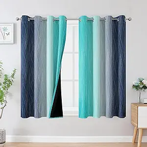 Estelar Textiler Navy Blue and Teal Blackout Curtains 45 Inch Length, Full Light Blocking Gradient Drapes for Kitchen, Thermal Insulated Grommet Ombre Curtains for Bathroom,52Wx45L,2 Panels
