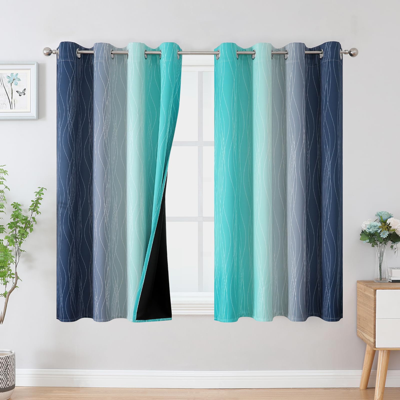 Estelar Textiler Navy Blue and Teal Blackout Curtains 45 Inch Length, Full Light Blocking Gradient Drapes for Bedroom, Thermal Insulated Grommet Ombre Curtains for Bathroom,52Wx45L,2 Panels