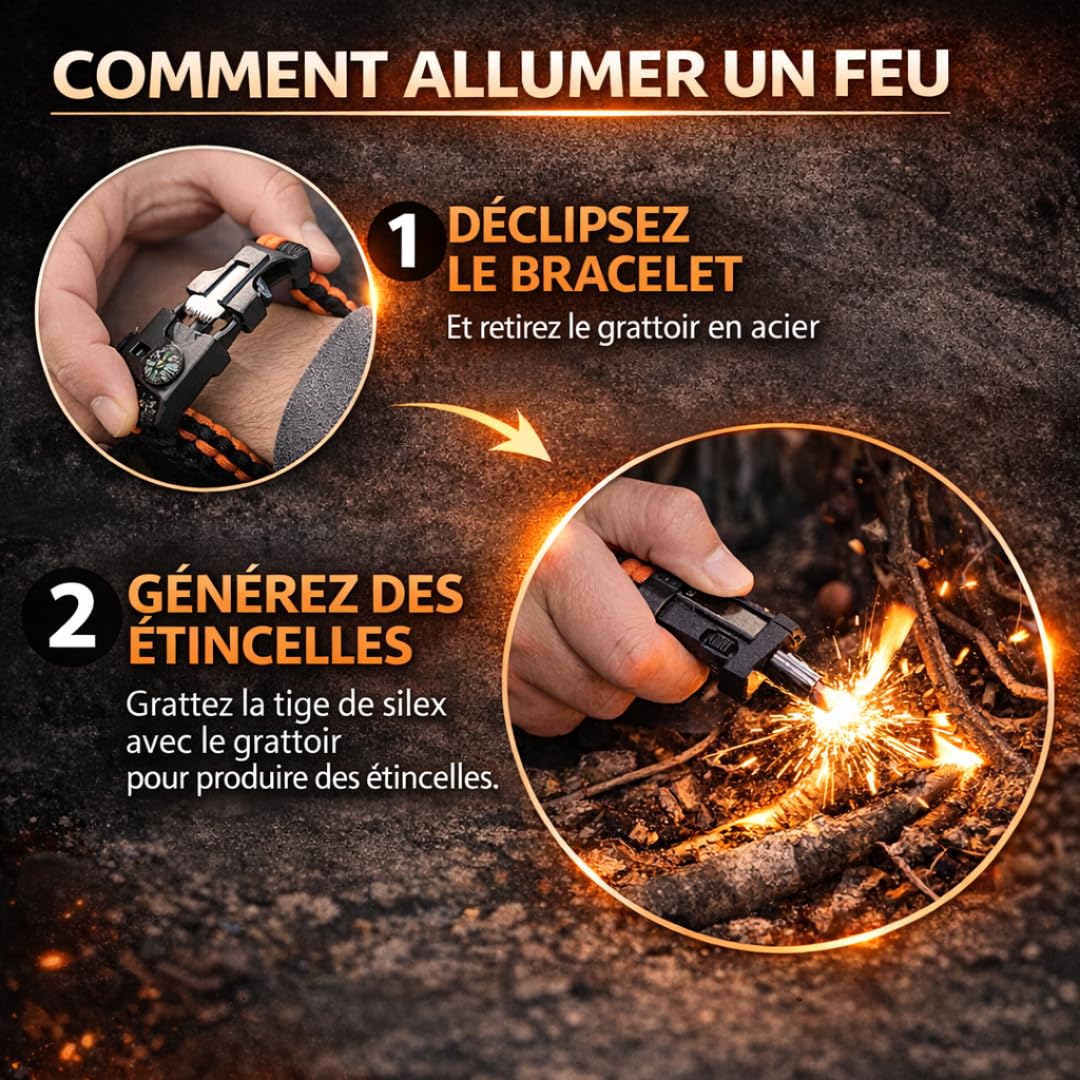 Lot De 2 Bracelets De Survie Paracorde 5 En 1 – Allume-feu, Sifflet 100dB, Boussole, Couteau, 3 M Corde 250 Kg (noir/orange)