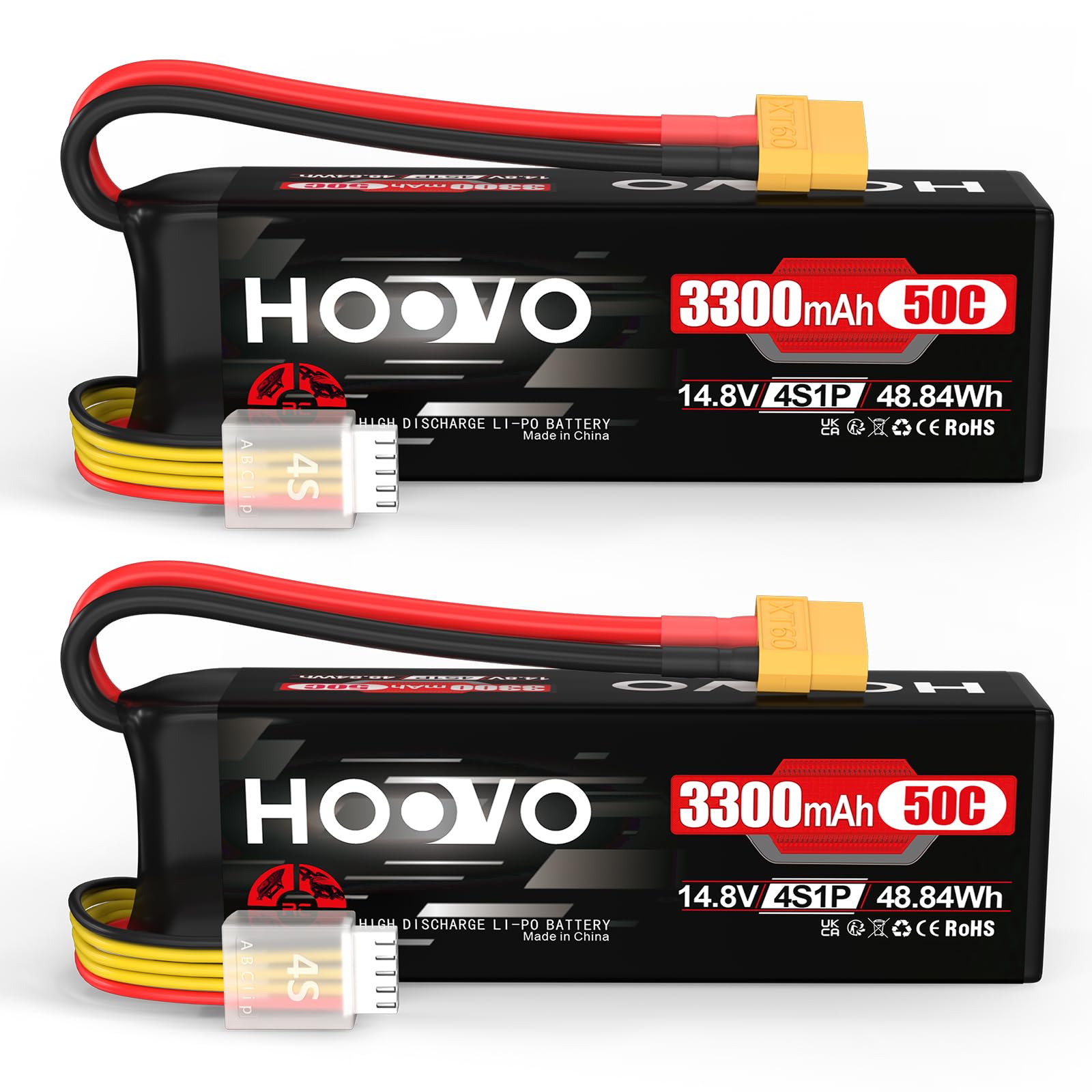 HOOVO 4S Lipo Battery 14.8V 3300mAh 50C RC Battery Soft Case with XT60 Plug for RC Car Buggy Helicopter Airplane Boat Quadcopter Slash VXL Hobby(2 Pack)