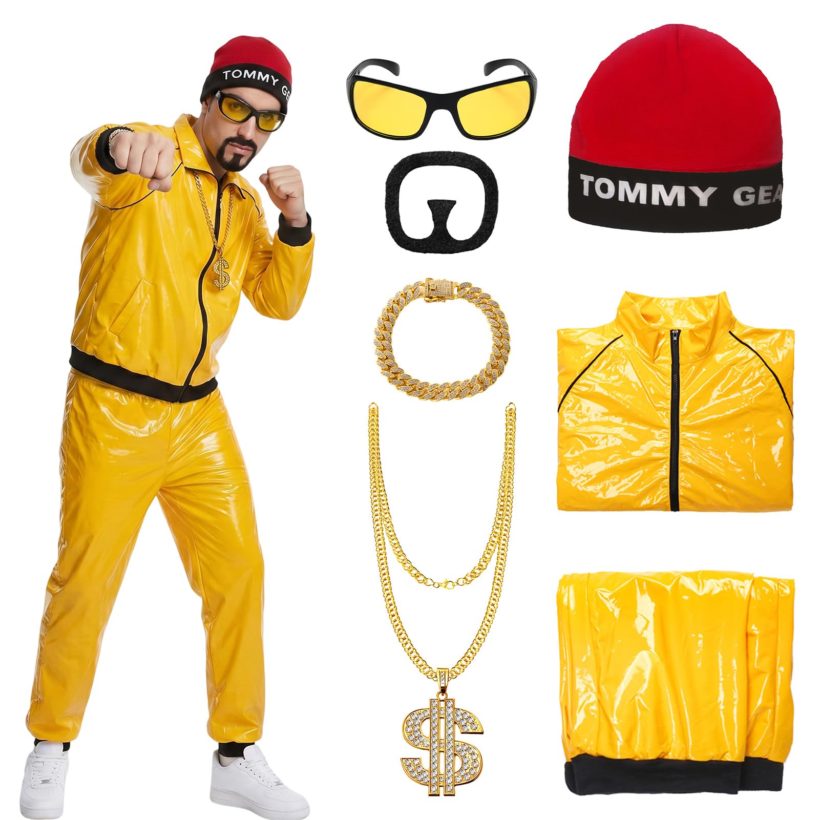 Disfraz de los años 90 para adultos, conjunto de concha amarilla de los años 80 y 90, disfraz de Ali G, divertido traje de rapero con collar, gafas y barba, juego de 6 piezas para fiesta de