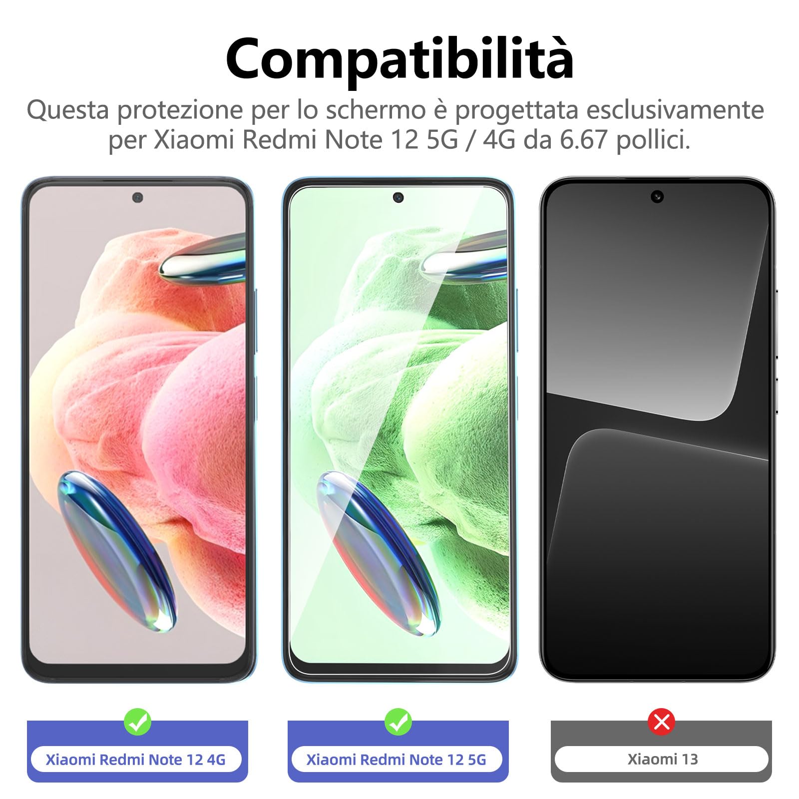 NEW'C 3 Pezzi, Vetro Temperato per Xiaomi Redmi Note 12 5G /4G, Pellicola Prottetiva, Senza Bolle, Durezza 9H, 0,33mm Ultra Trasparente, Ultra Resistente