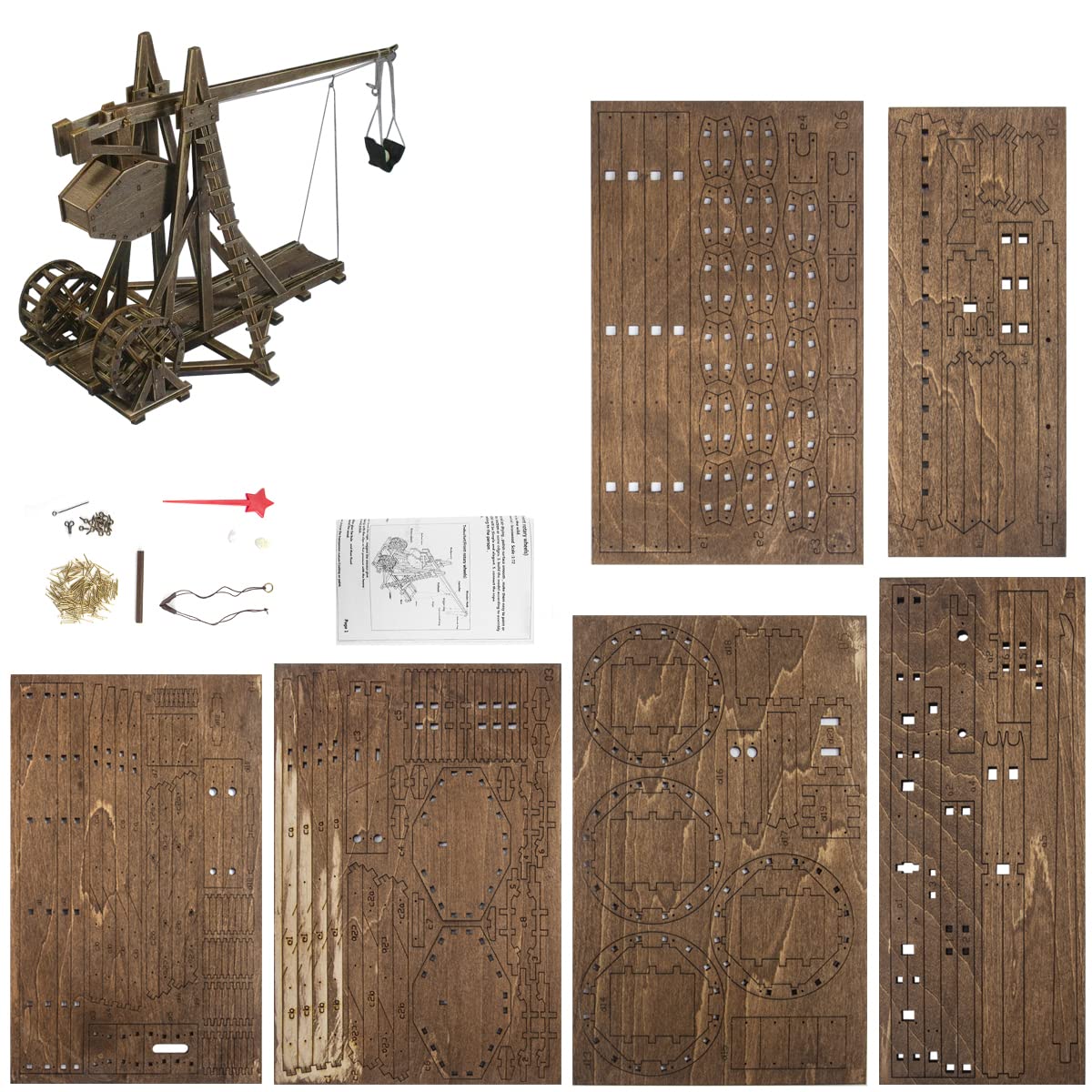GAWEGM Kits de construcción de modelos de madera Carro antiguo Trabuquete Kit de modelo Máquina de lanzamiento de bloques Rueda giratoria delantera Contrapeso para colorear antiguo para colecciones Aficionados