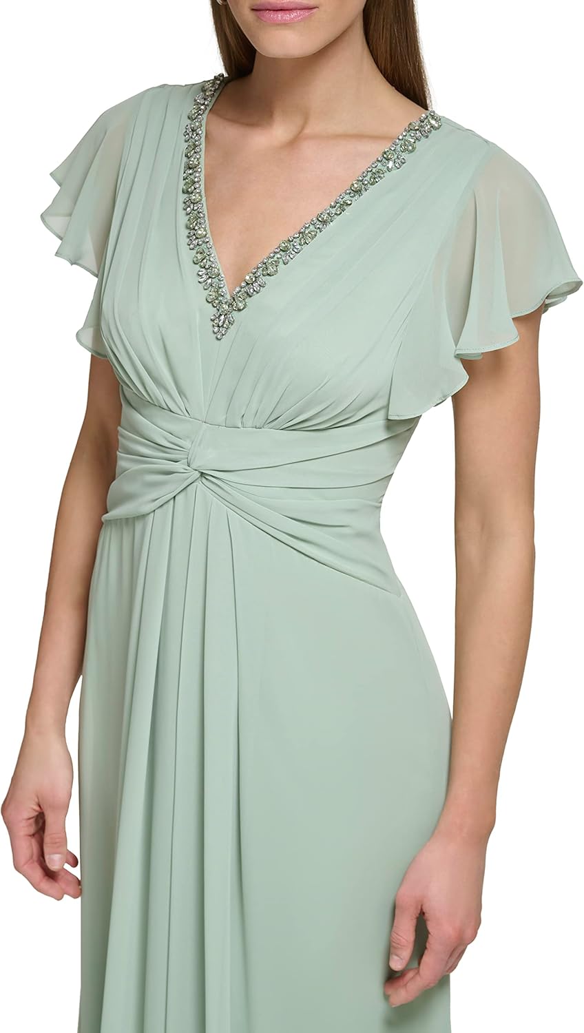 Eliza J Womens Gown Style Twist Waist Chiffon Flutter Sleeve Beaded Vneck Dress - Image 4