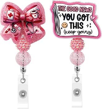 2 Pcs Cute Badge Reel Retractable, Pink Bow Tie You Got This with Beaded Funny Nurse Accessories Name Tag ID Clip Holder for Doctor Student Medical Assistant Coworker Work Accessories Gifts