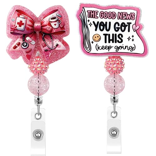 Ciwuzxs 2 Pcs Cute Badge Reel Retractable, Pink Bow Tie You Got This with Beaded Funny Nurse Accessories Name Tag ID Clip Holder for Doctor Student Medical Assistant Coworker Work Accessories Gifts