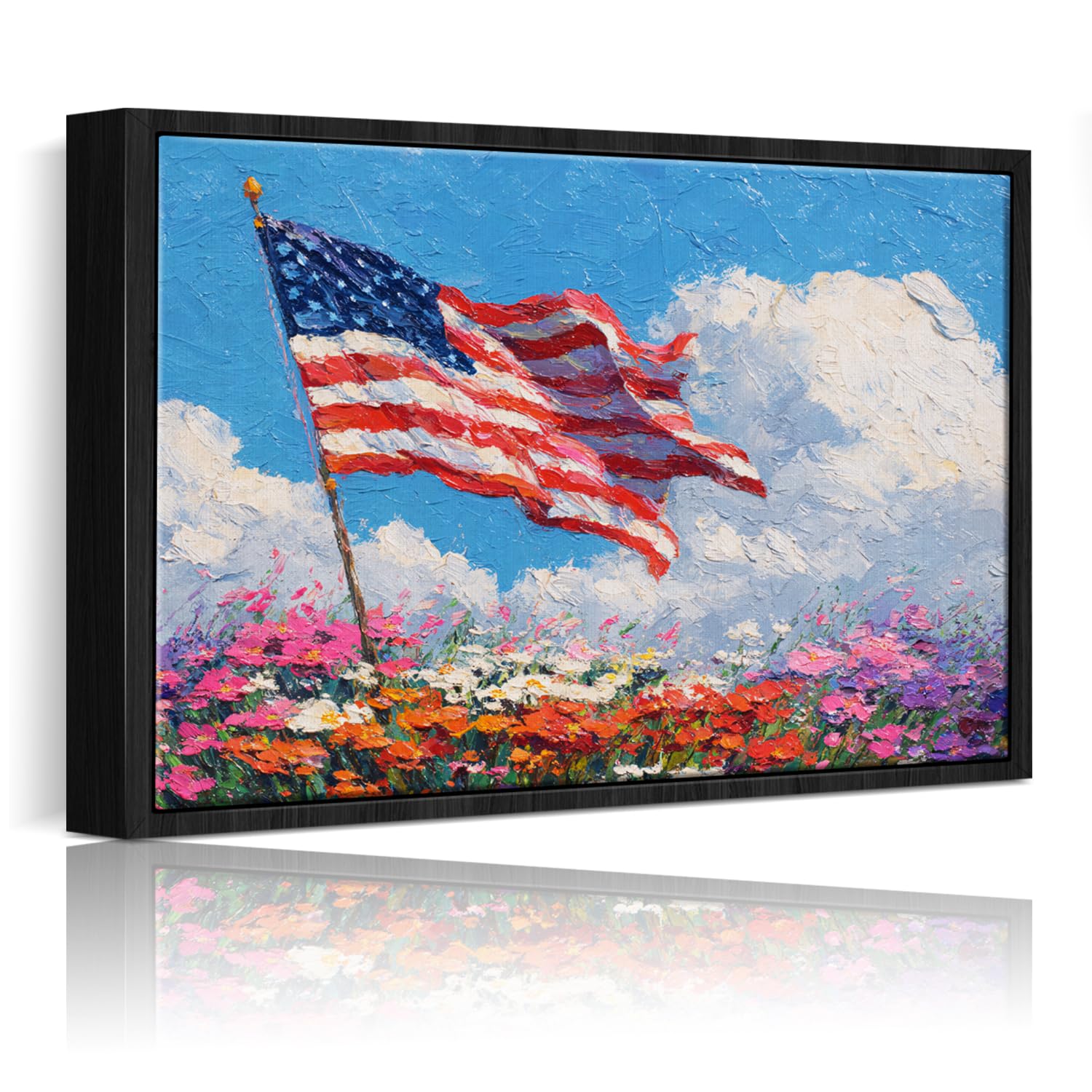 American Flag Framed Canvas Wall Art, 4th of July Floral Canvas Prints