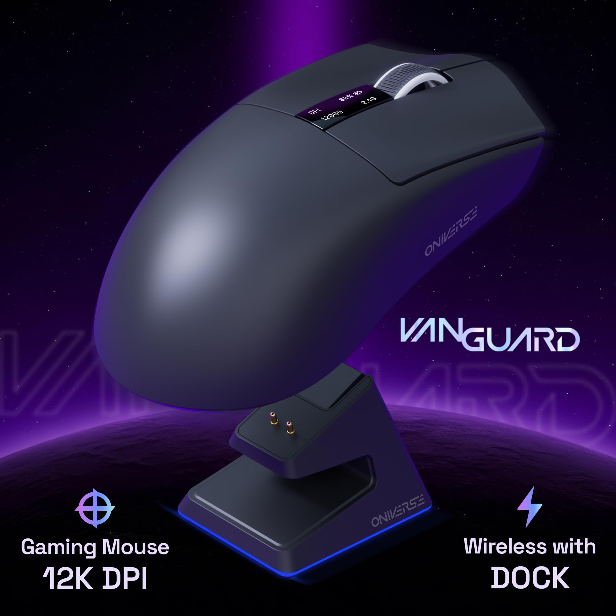 Mouse gamer wireless con dock di ricarica - Sensore PixArt 12.000 DPI, 3 modalità di connessione (2.4G/Bluetooth/cablato), display integrato, Polling rate 1000 Hz, per PC/Mac/PS5/PS4