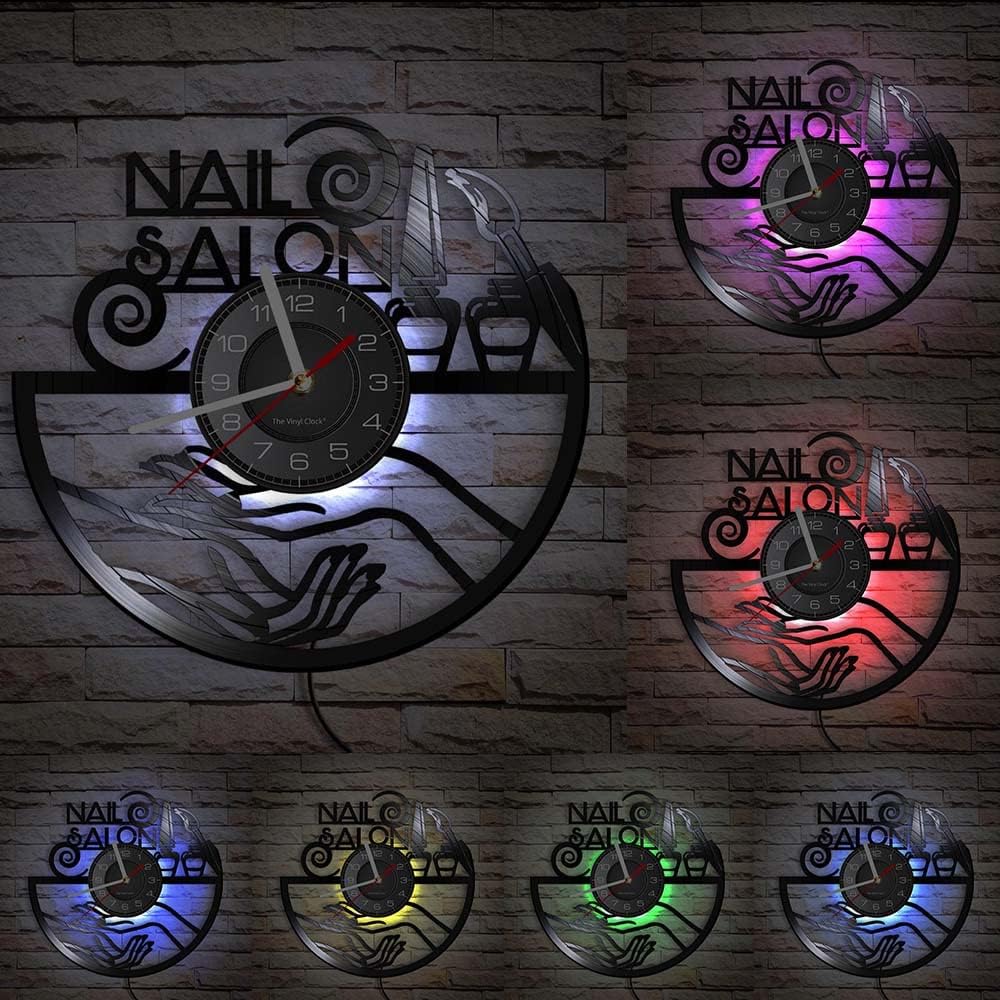 12'' Nail Salon LED Vinyl Record Wall Clock with 7 Colors Changing for Beauty Nail Salon Wall Decor, Decorative Window Sign Silent Quartz Hanging Night Light Wall Clock Watch Gift for Girls