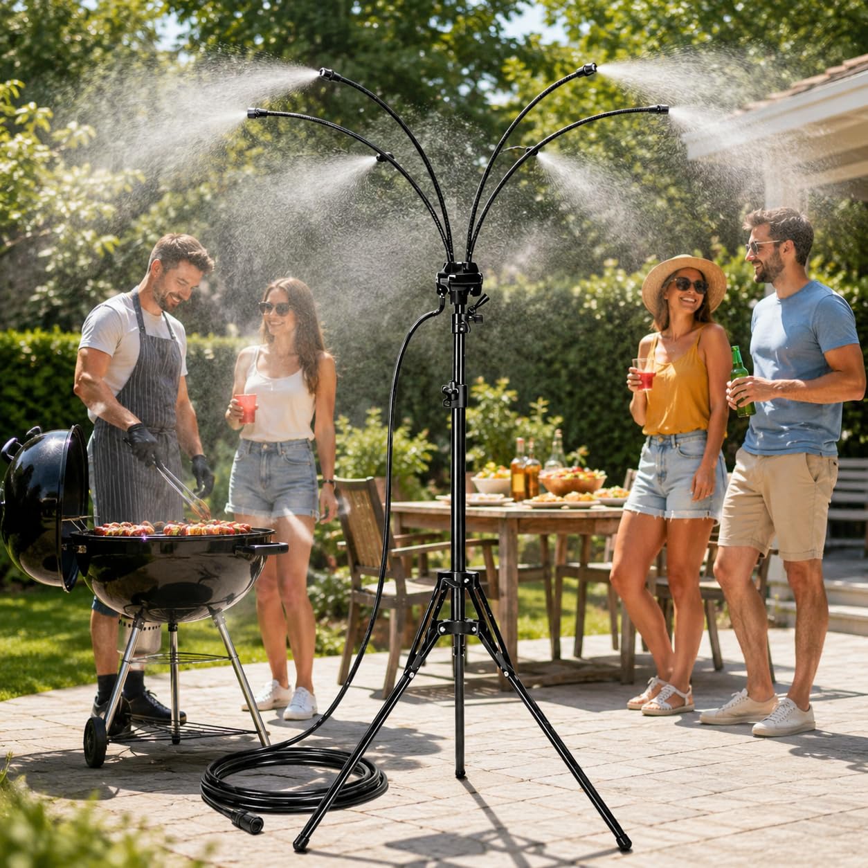 Brumisateur Terrasse sur Pied, Système de Brumisation Extérieur Réglable avec 4 Buses, Pulvérisateur d’Eau Portable pour Jardin, Patio, Piscine, Barbecue et Rafraîchissement d’Été (Noir)