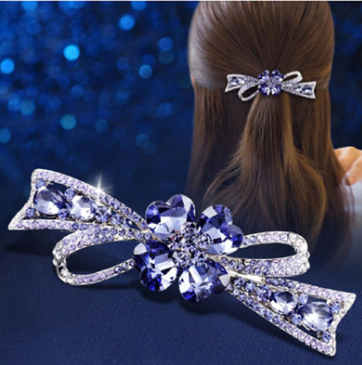 Crystal Flower Hair Barrette, Purple Rhinestone Bow Design, Silver Metal Hair Clip with Gift Box and hair accessories for women or hair barrettes for women. - Image 3