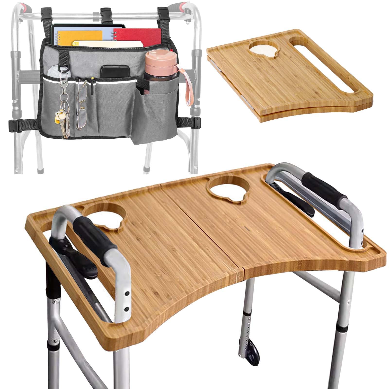 Photo 1 of Walker Tray & Storage Bag Combo with Cup Holder, Large Capacity, Water-Resistant, Bamboo Tray for Rolling Folding Walkers, Lightweight Walker Accessories for Seniors(2 Cup Holder, Grey Bag)